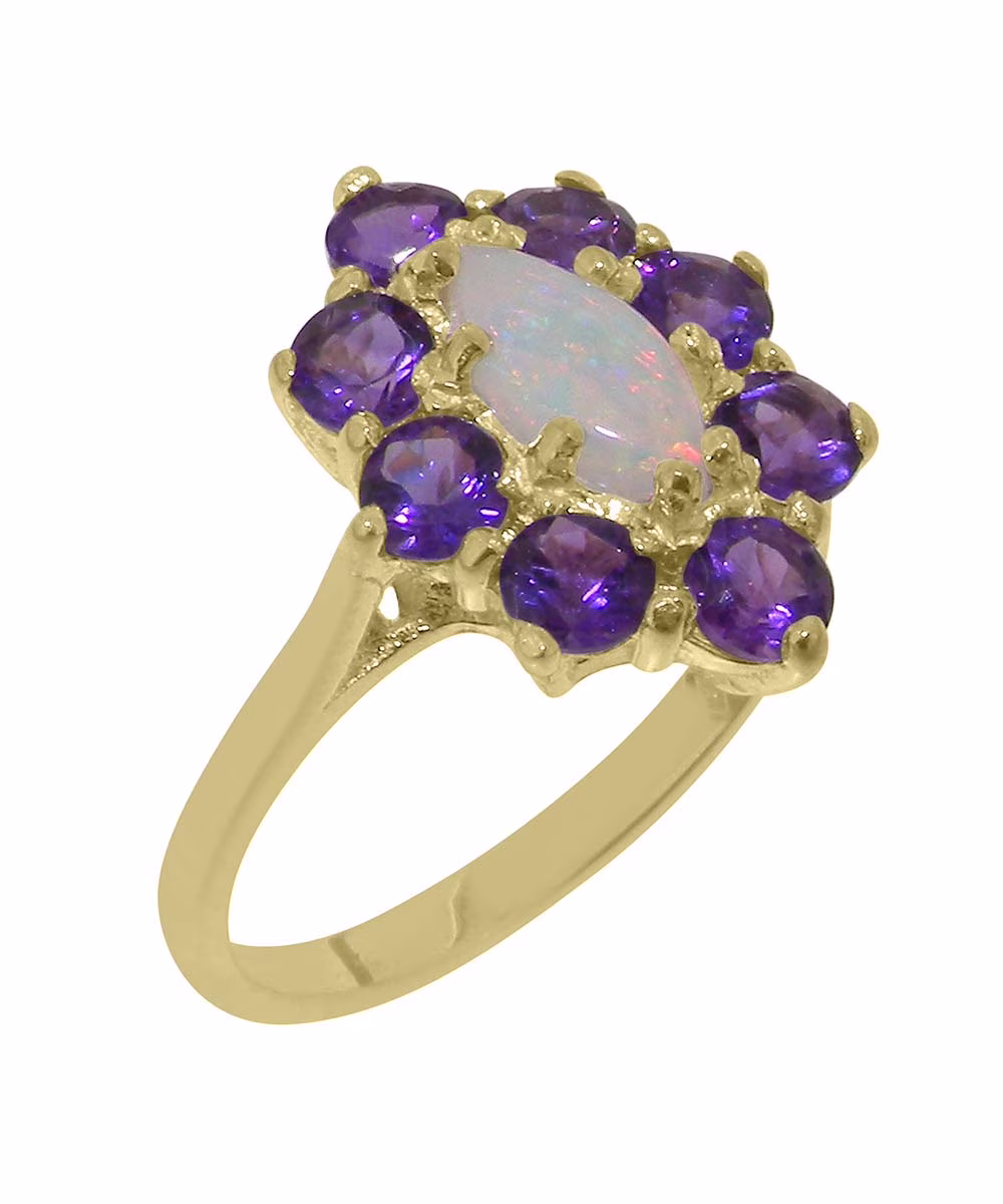 LBG British Made 18k Yellow Gold Natural Opal & Amethyst Womens Statement Ring - 33 size options - Size 10