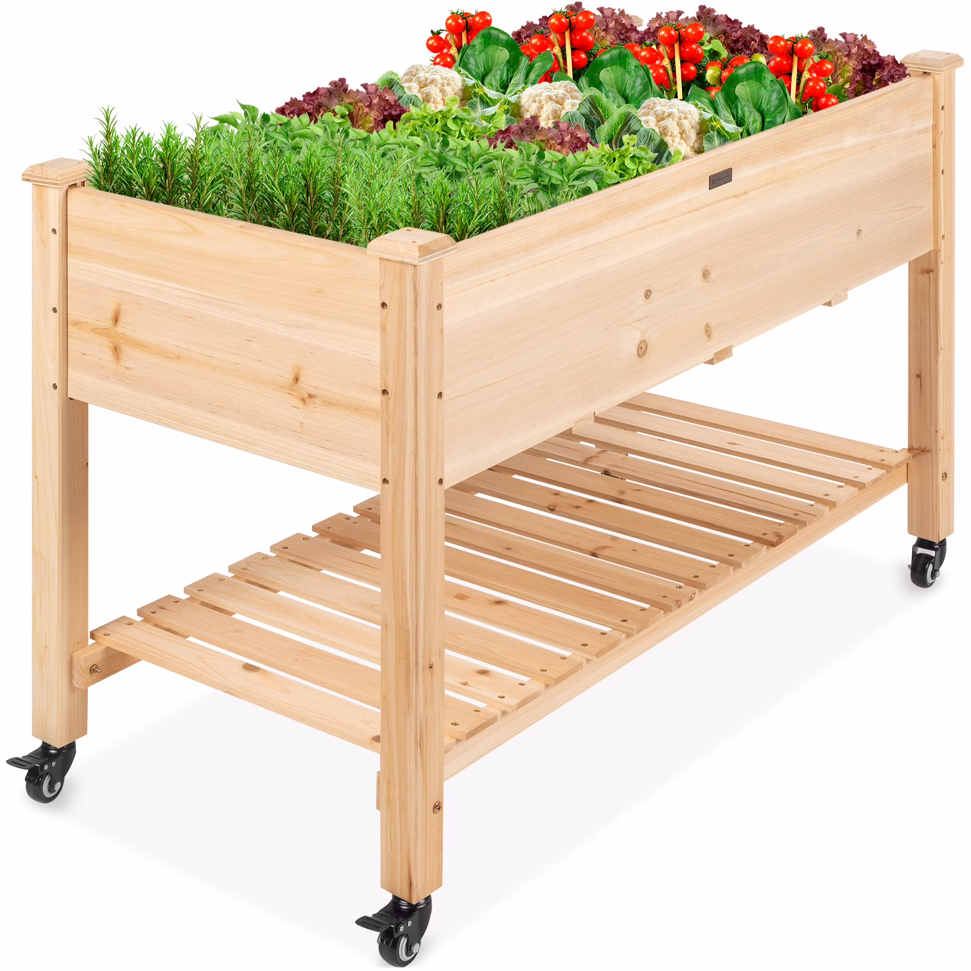 Best Choice Products Raised Garden Bed 48x24x32in Wood Mobile Elevated Planter w/ Wheel Locks, Shelf, Liner - Natural