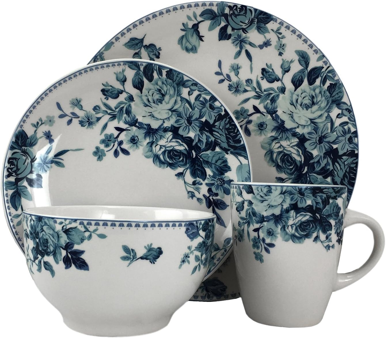 16 Piece Traditional Rose Dinnerware Set, Blue