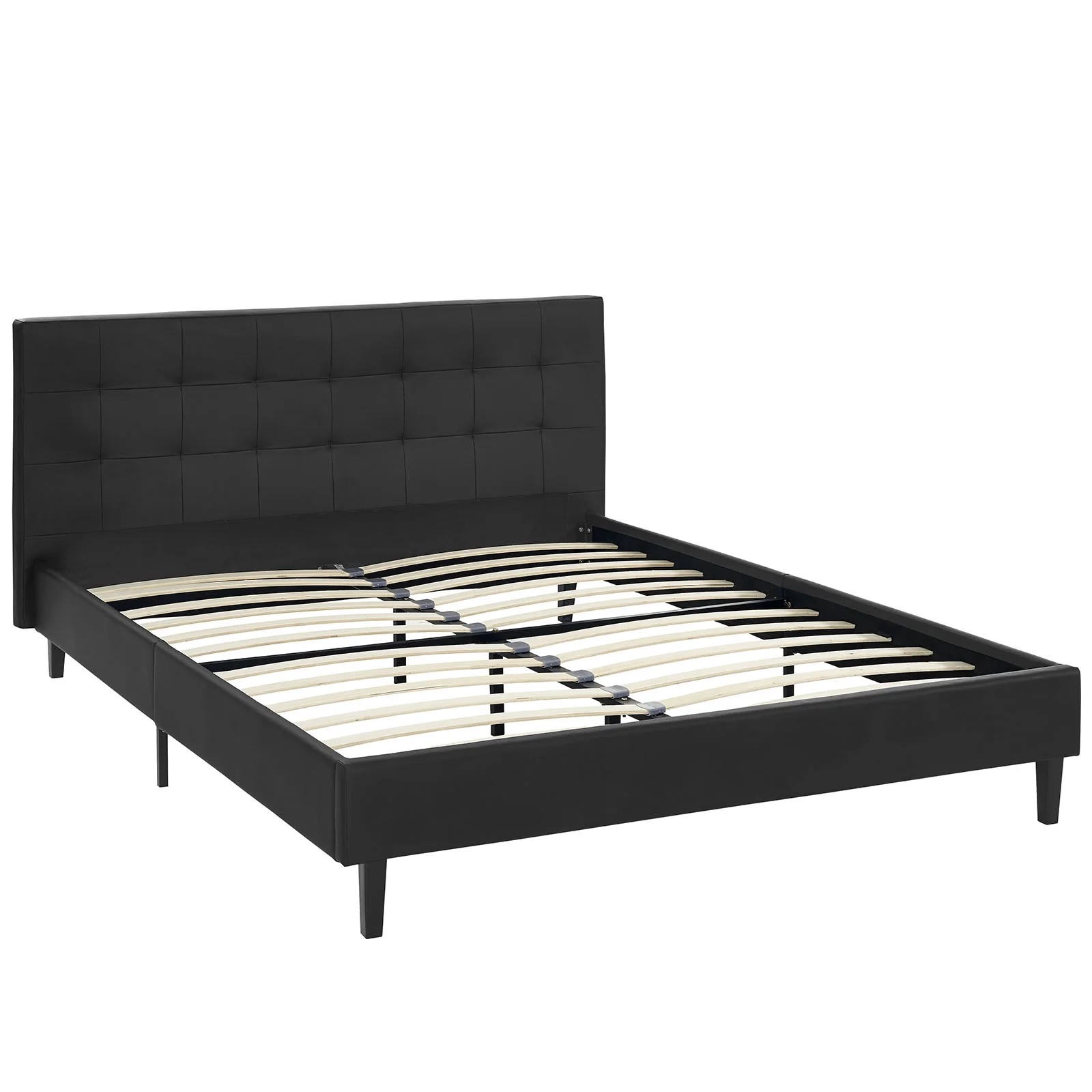 Modern Contemporary Urban Design Bedroom Queen Size Platform Bed Frame, Black, Faux Leather Wood