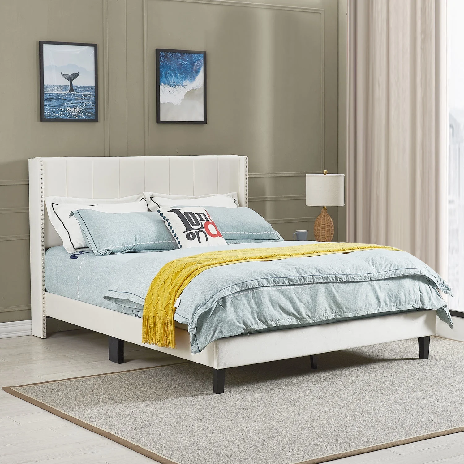 LANTRO JS Queen Bed Frame, Velvet Upholstered Bed Frame with Vertical Channel Tufted Headboard Beige