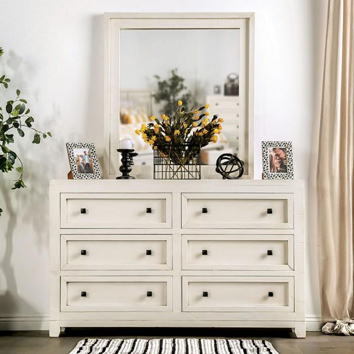Rustic Ivory Solid Wood Dresser w/Mirror FOA EM7074IV-D Oakridge