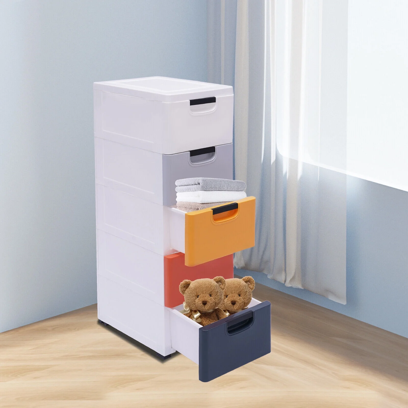 ZhdnBhnos 5 Drawers Stackable Clothes Storage Box Vertical Multi-purpose Organizer Storage Closet Cabinet Cases with 4 Wheels Morandi Color