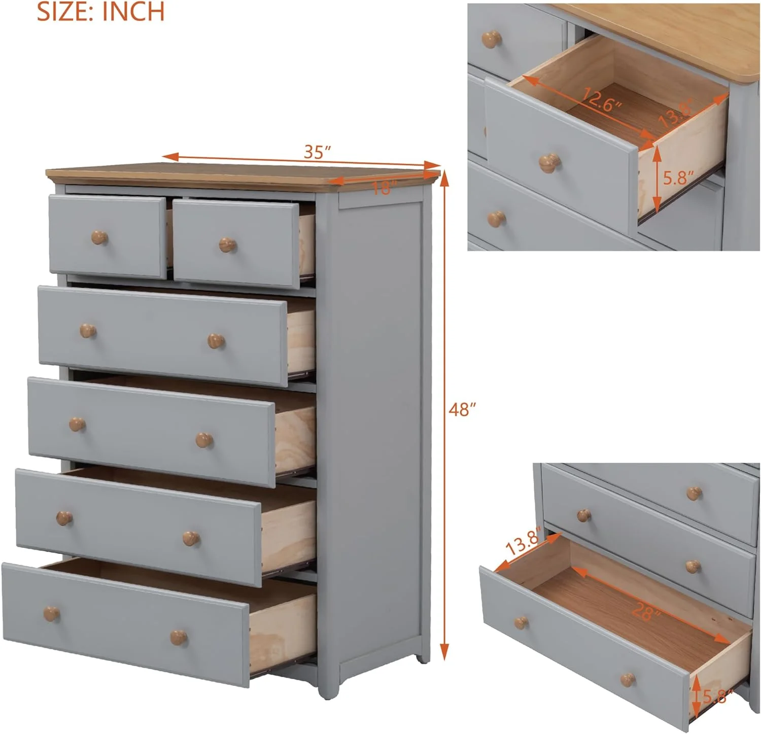 Storage Dresser, Solid Wood 6-Drawer Storage Chest, Storage Cabinet with 6 Drawers for Bedroom