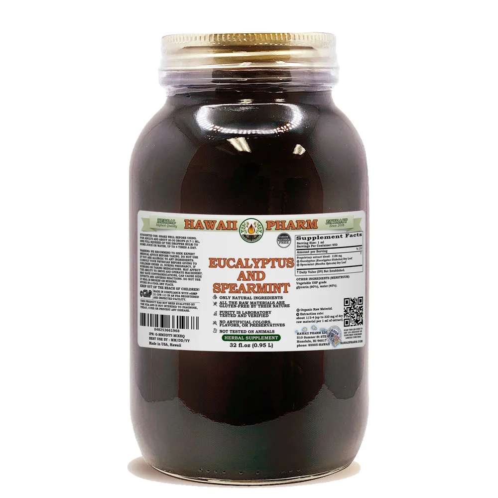 Eucalyptus And Spearmint ALCOHOL-FREE Liquid Extract Glycerite. Expertly Extracted by Trusted HawaiiPharm Brand. Absolutely Natural. Proudly made in the USA. Glycerite 32 Fl.Oz