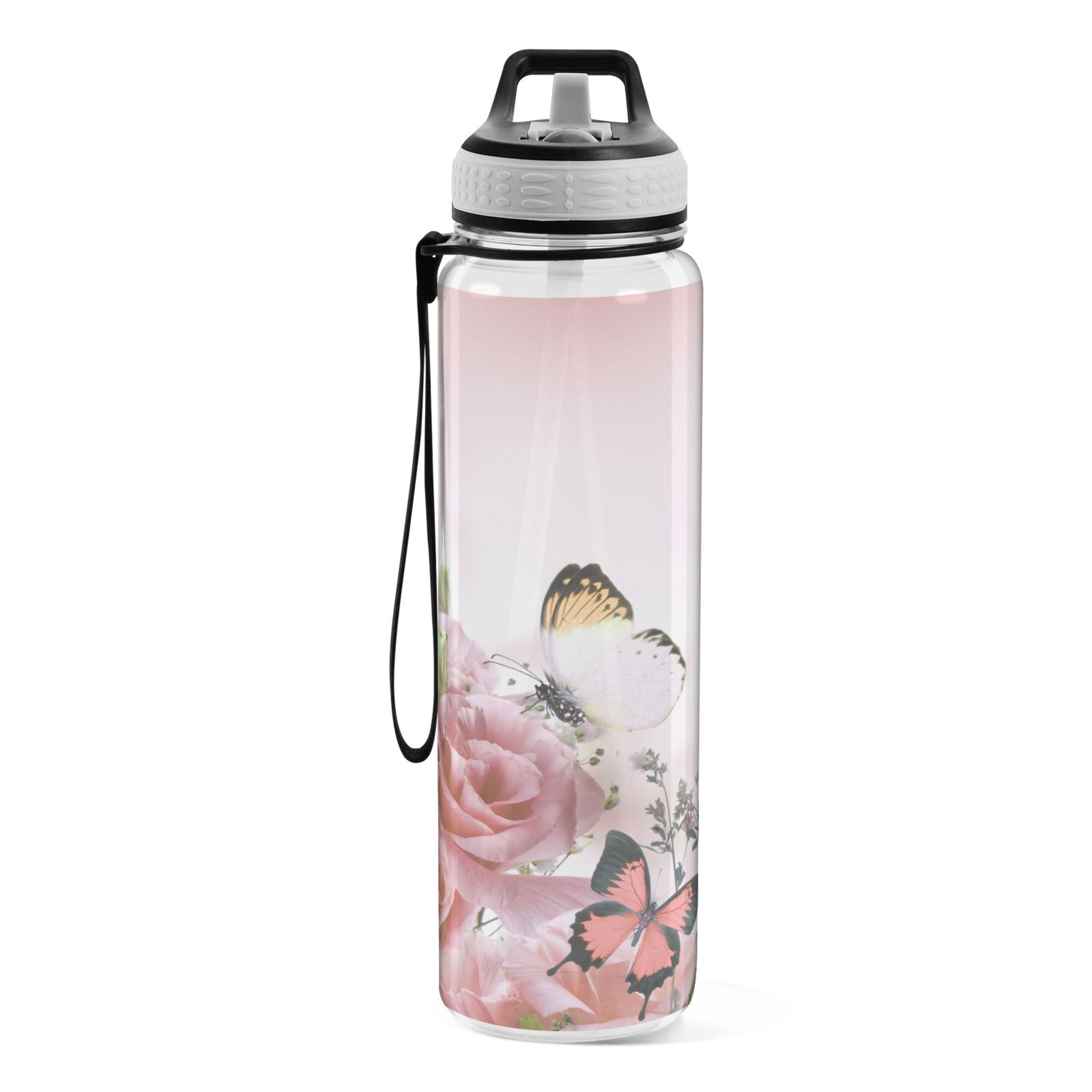 Pink Roses and Butterfly 32oz Sports Water Bottles Leakproof Tritan Bottle with Straw BPA Free Clear Bottle for Fitness Gym Outdoor Cycling
