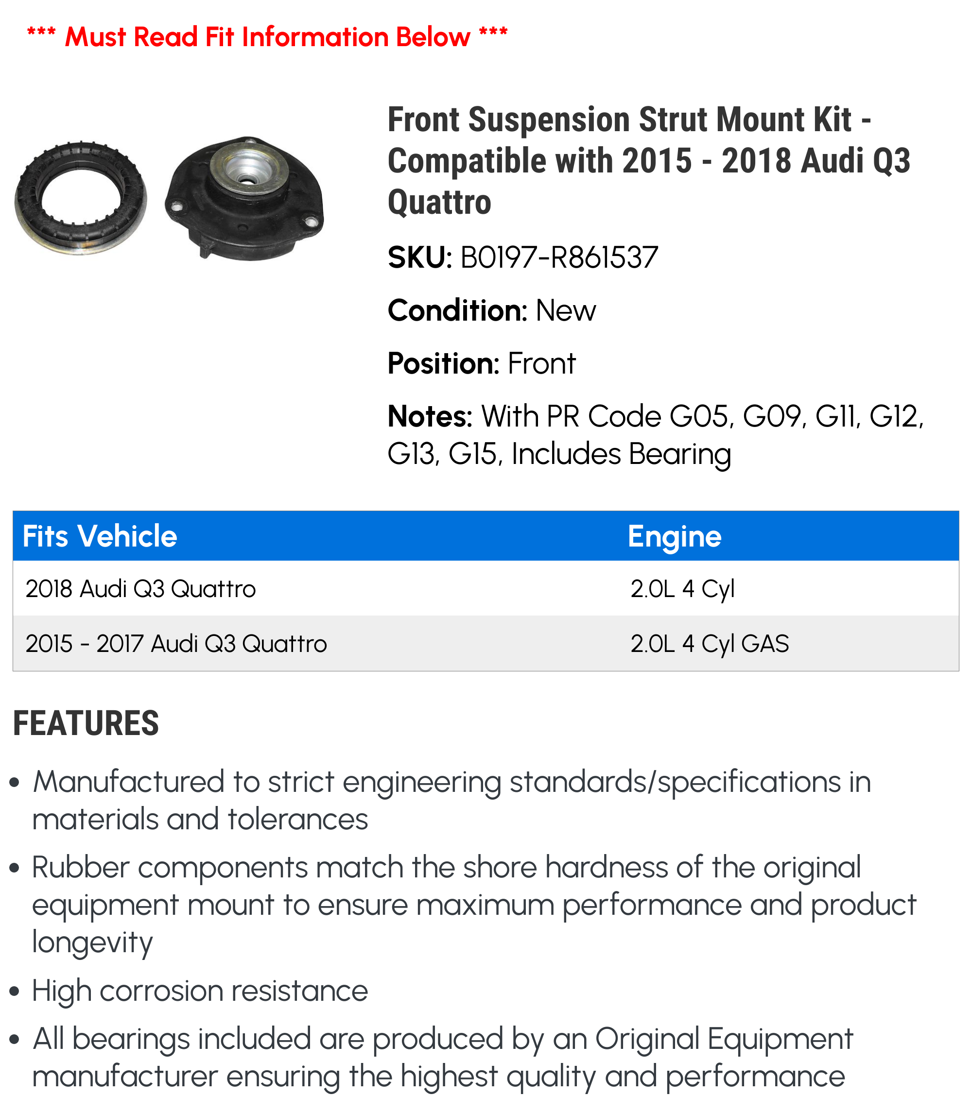 Front Suspension Strut Mount Kit - Compatible with 2015 - 2018 Audi Q3 Quattro 2016 2017