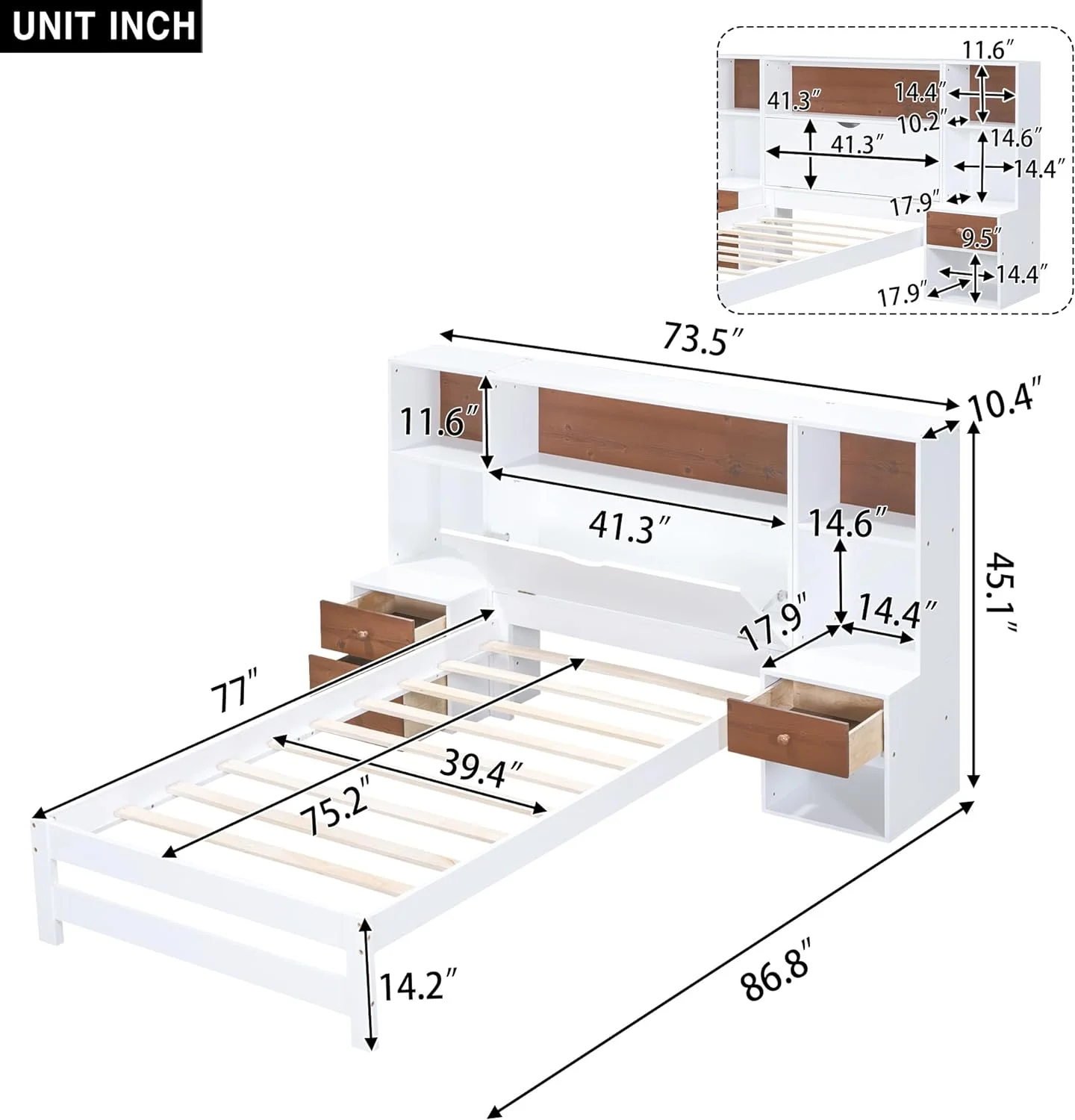 Size Platform Bed With Bookcase Headboard And Storage Drawers, Solid Wood Bed Frame, Wood Slat Support, No Box Spring Needed, White