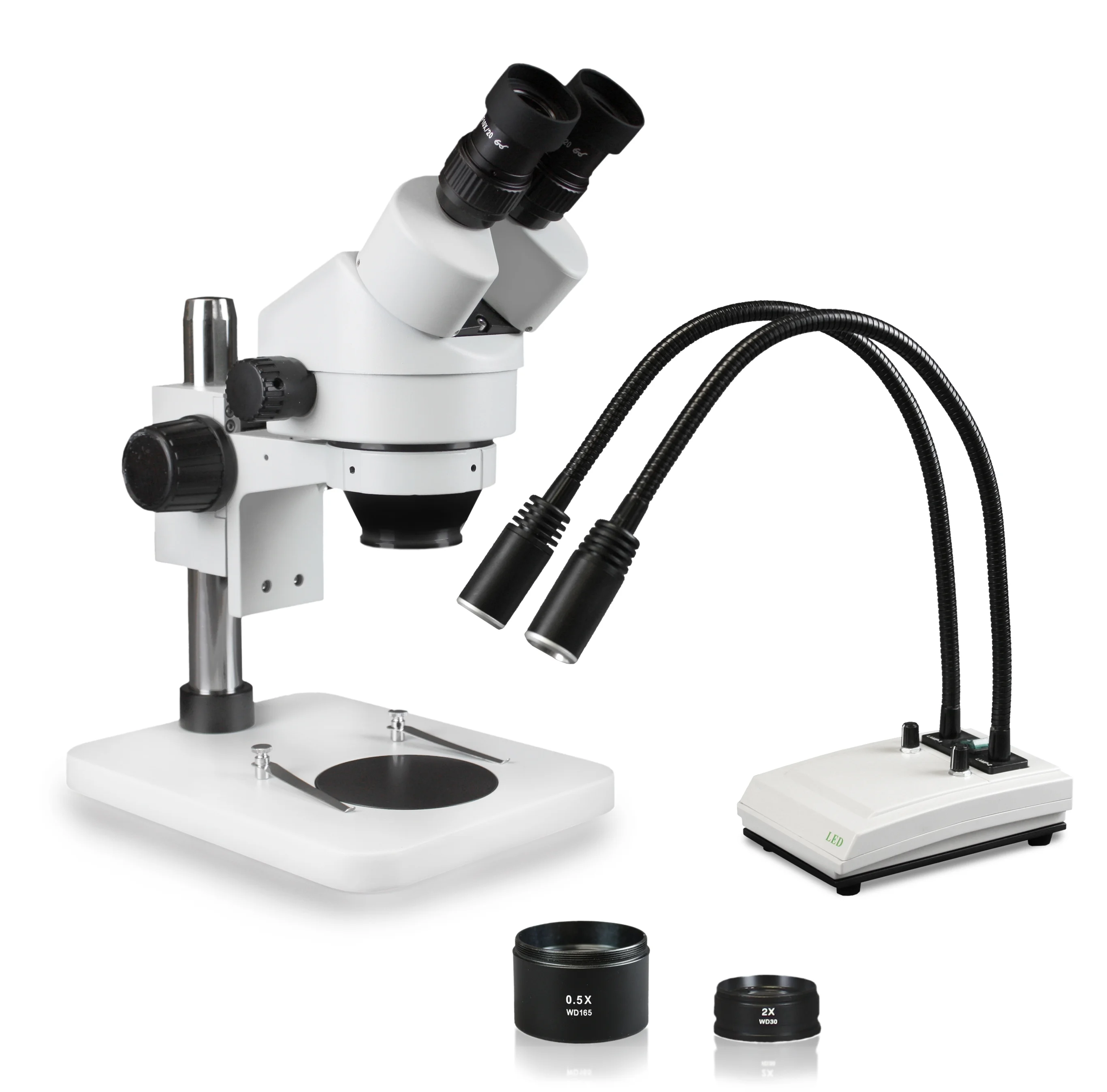 Vision Scientific VS-1EZ-IHL20 Binocular Zoom Stereo Microscope, 10x WF Eyepiece, 0.7x—4.5x Zoom, 3.5x—90x Magnification, 0.5x & 2x Aux Lens, Pillar Stand, LED Gooseneck Dual Light with Control