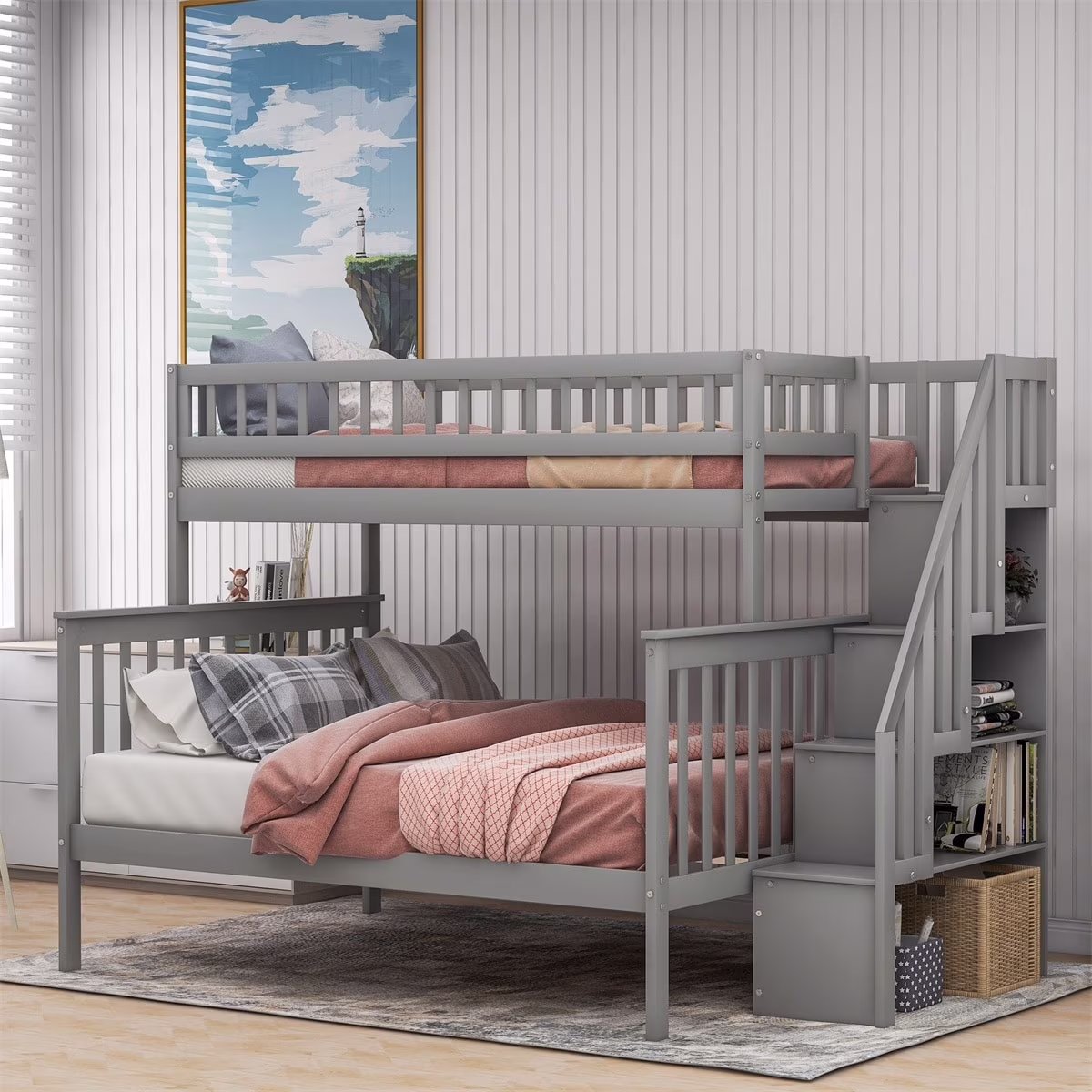 MERAX  Twin over Full Wood Bunk Bed with Storage Stairs Grey