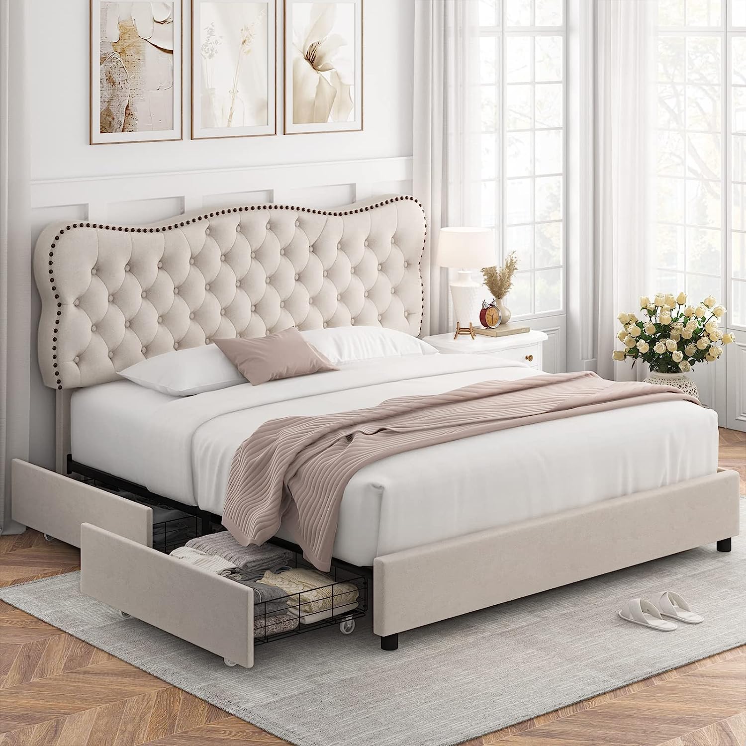 King Bed Frame with 4 Storage Drawers  Upholstered Platform Bed Frame with Button Tufted Headboard  Heavy Duty Mattress Foundation with Wooden Slats  No Box Spring Needed (Beige  King)