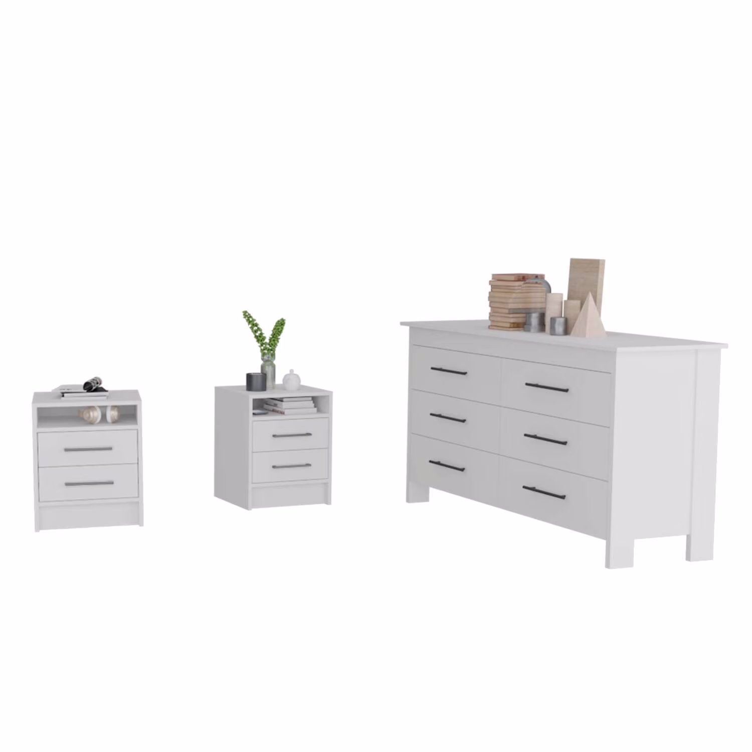 TUHOME Kearny 3-Piece Bedroom Set with Double Drawer Dresser and 2 Nightstands, White