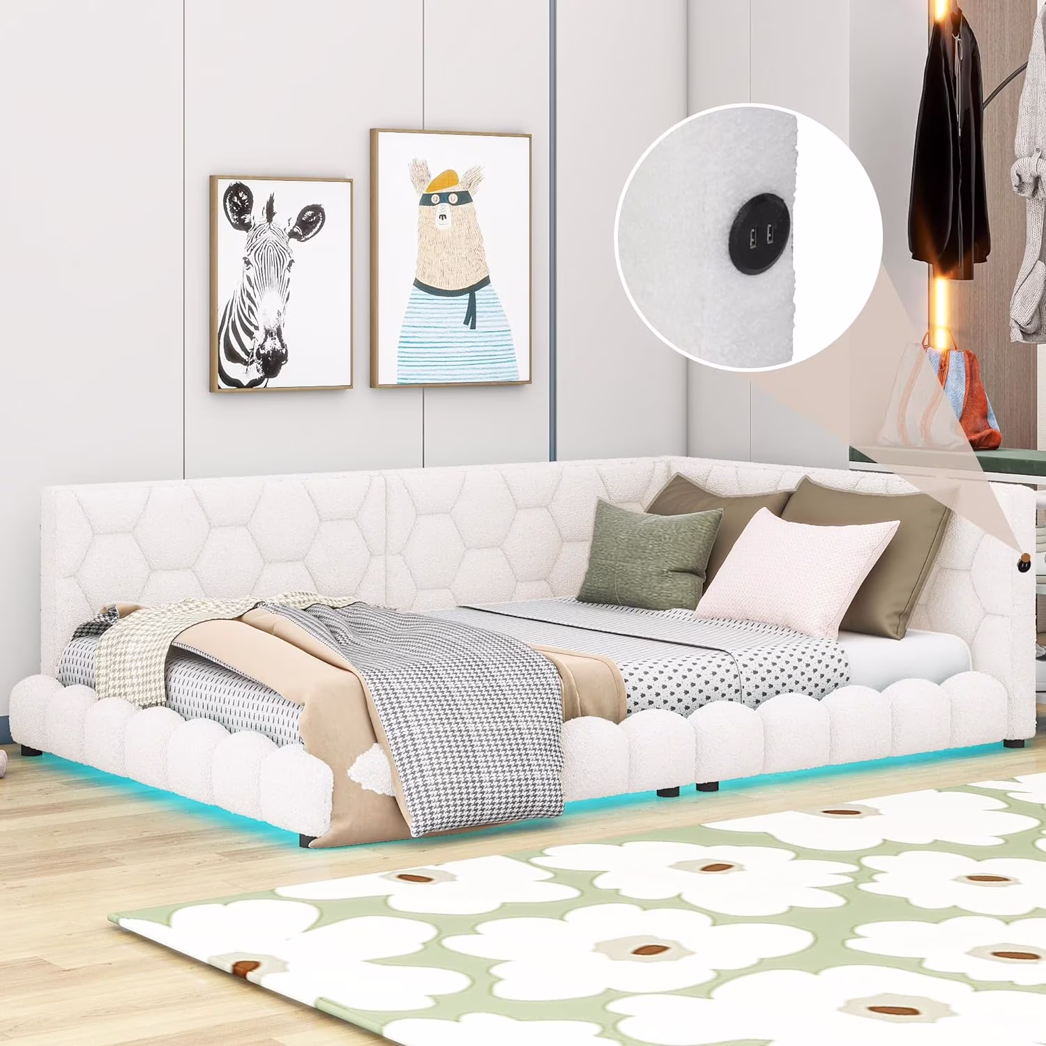 Upholstered Full Size Platform Bed With USB Ports Ad LED Belt,Wood Teddy Fabric Corer Daybed Frame For Livigroom,Bedroom,White