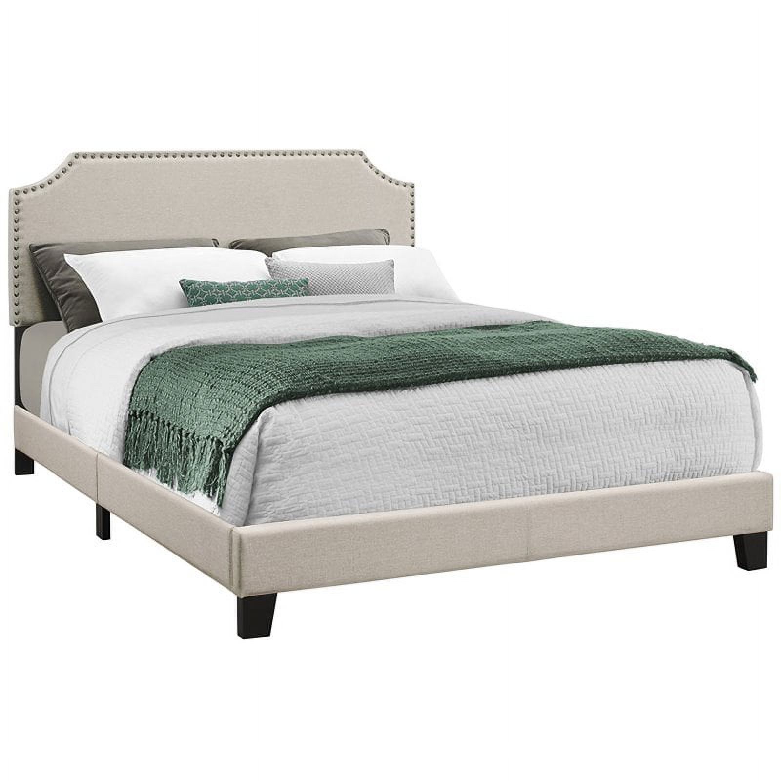 Bowery Hill Bed Queen Platform Bedroom Frame Upholstered Linen Look Beige Black