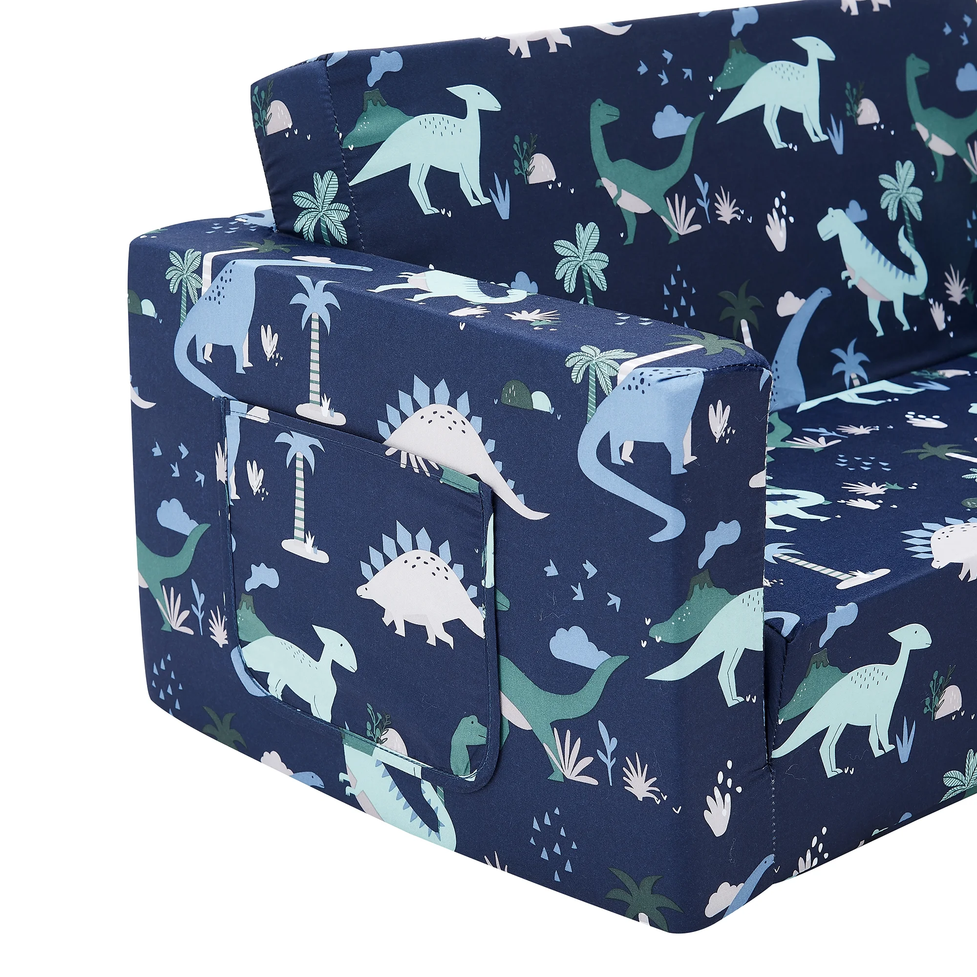 Ulax Furniture Convertible 2-in-1 Flip Open Kids Loveseat/ Couch/ Sleeper Sofa (Navy Dinosaur)