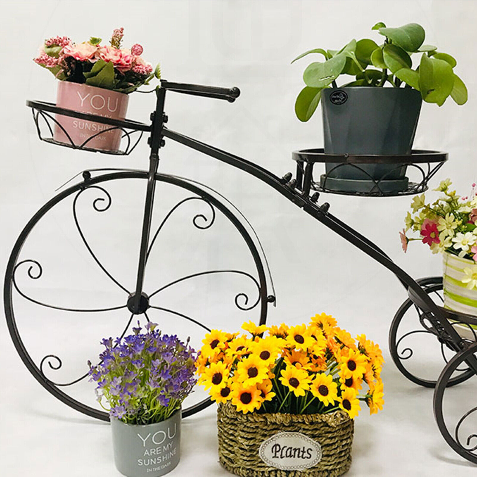 FETCOI Tricycle Plant Stand Flower 3 Pots Cart Holder Planter Rack Display Garden Patio