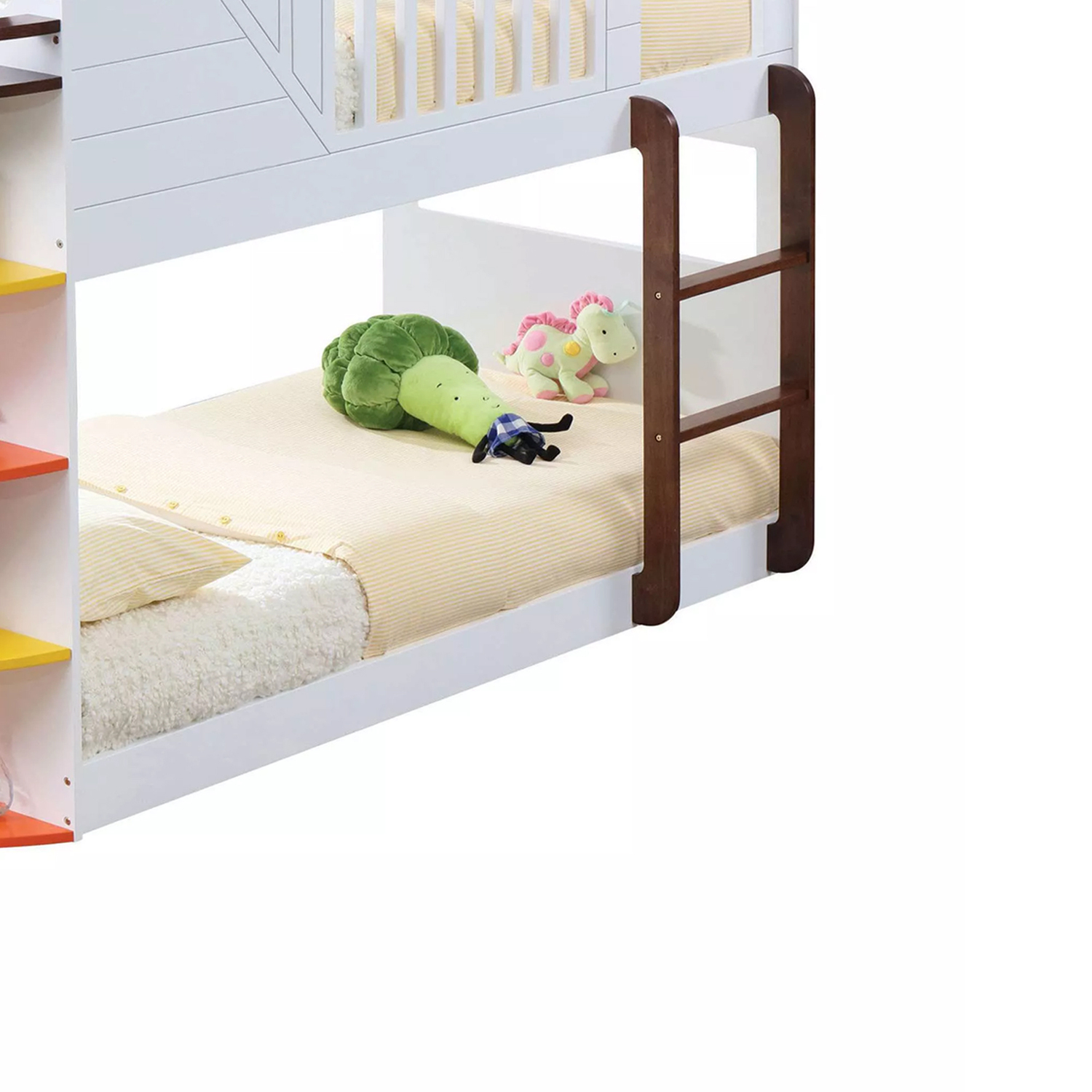 Wooden Twin/Twin Bunk Bed with Storage Shelves in White & Chocolate