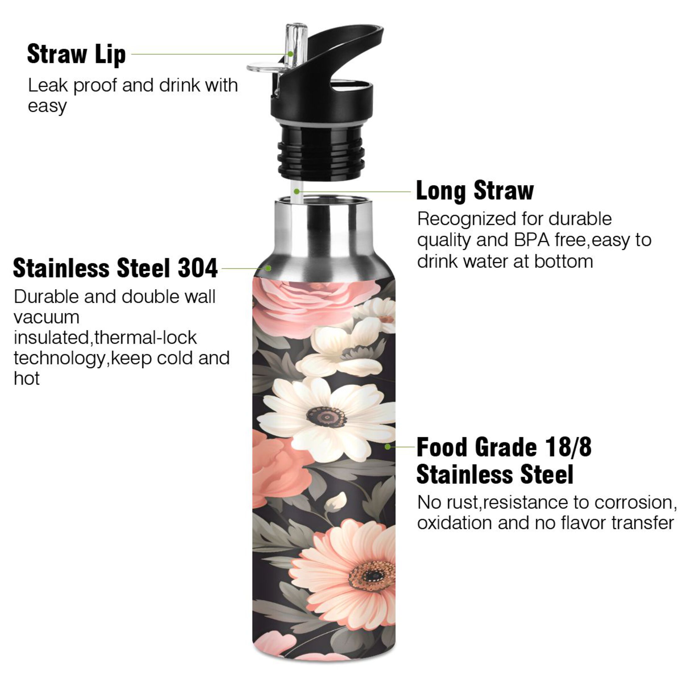 Water Bottle with Straw Lid Leak Flowers Floral on Black Stainless Steel Insulated Thermos Vacuum Flask for Cold Hot Drinking for Sports Camping Gym Yoga