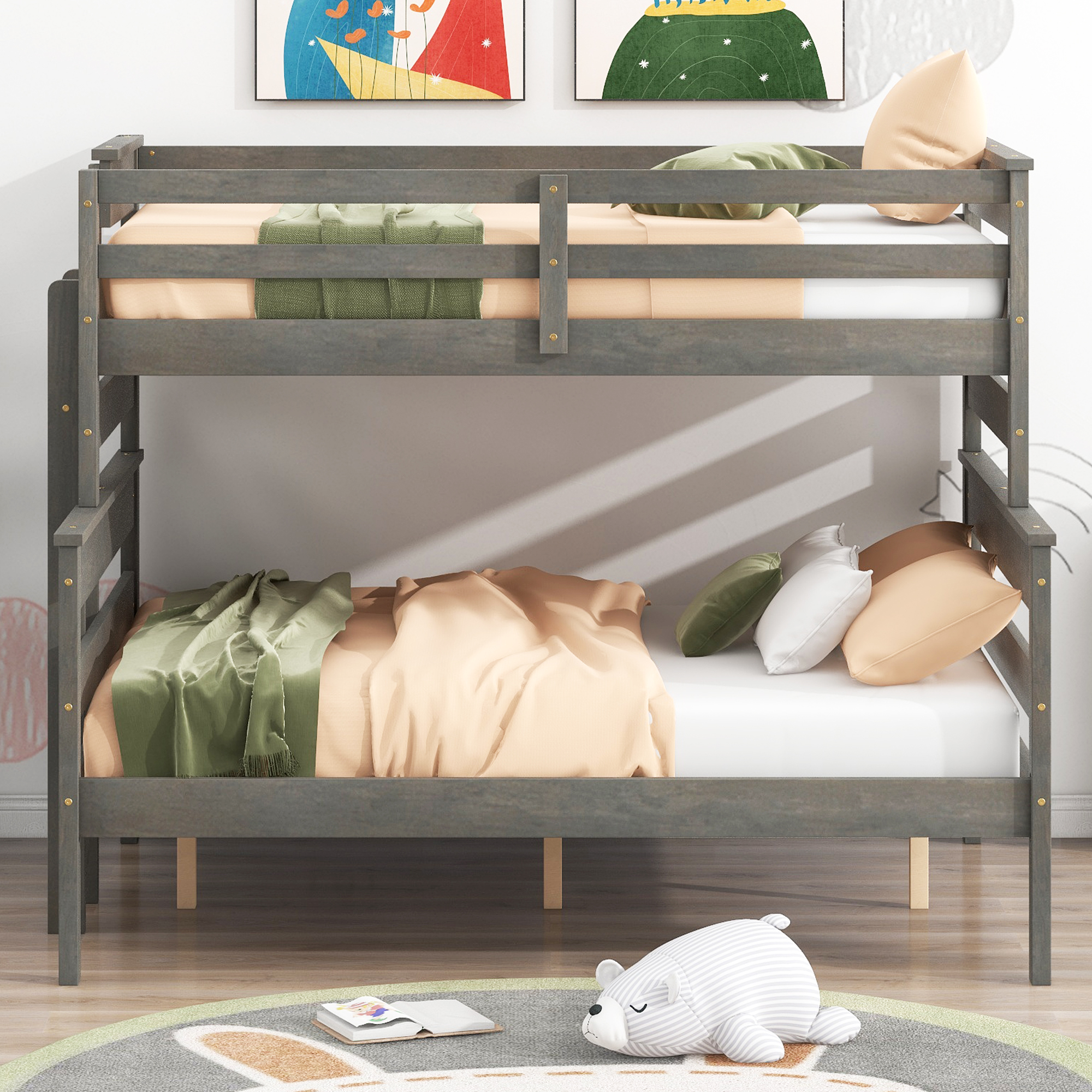 EUROCO Twin over Full Bunk Bed, Convertible 2 Beds for Kids Teens Adults with Ladder, Gray