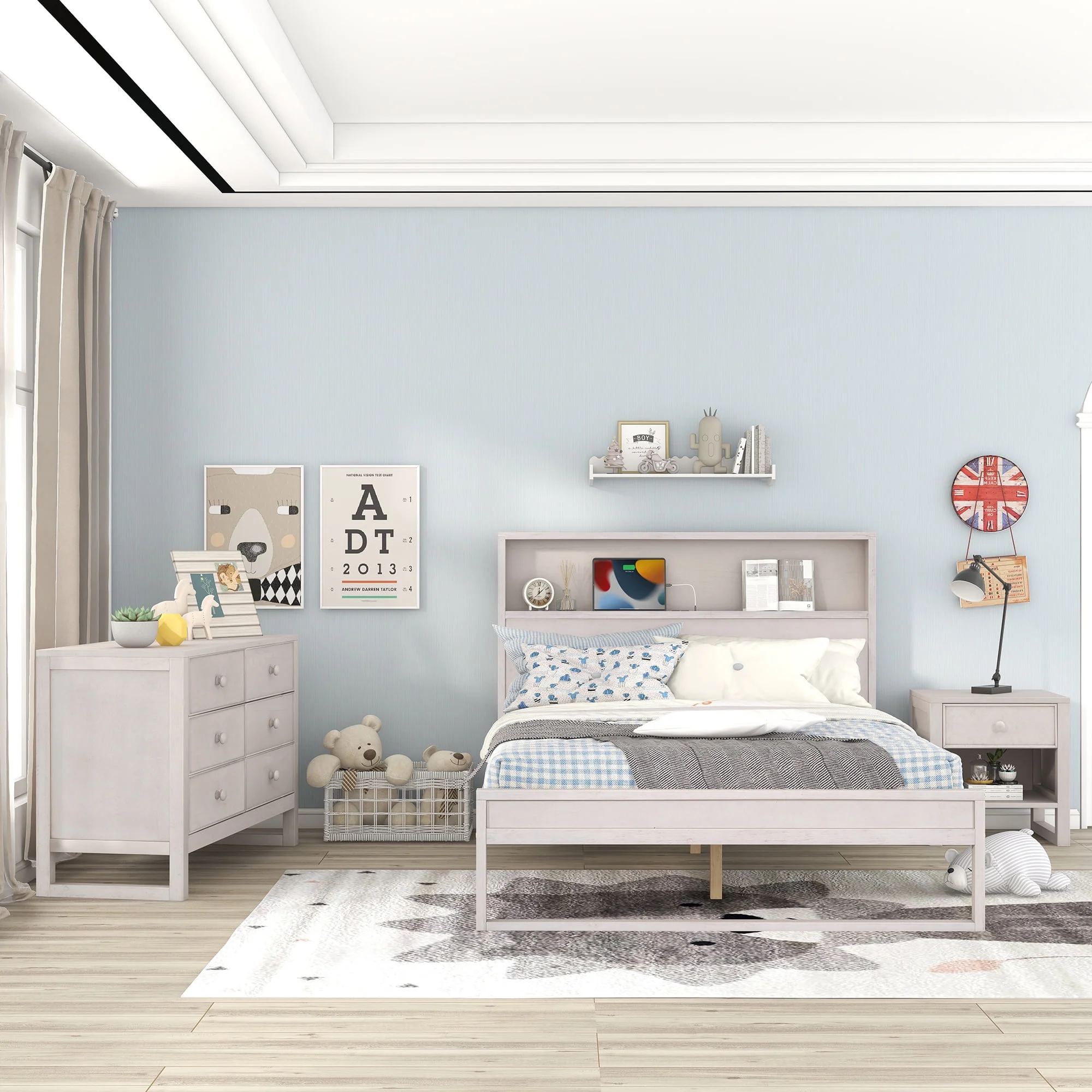 CoSoTower 3-Pieces Bedroom Sets Full Size Platform Bed With Nightstand And Dresser, Antique White