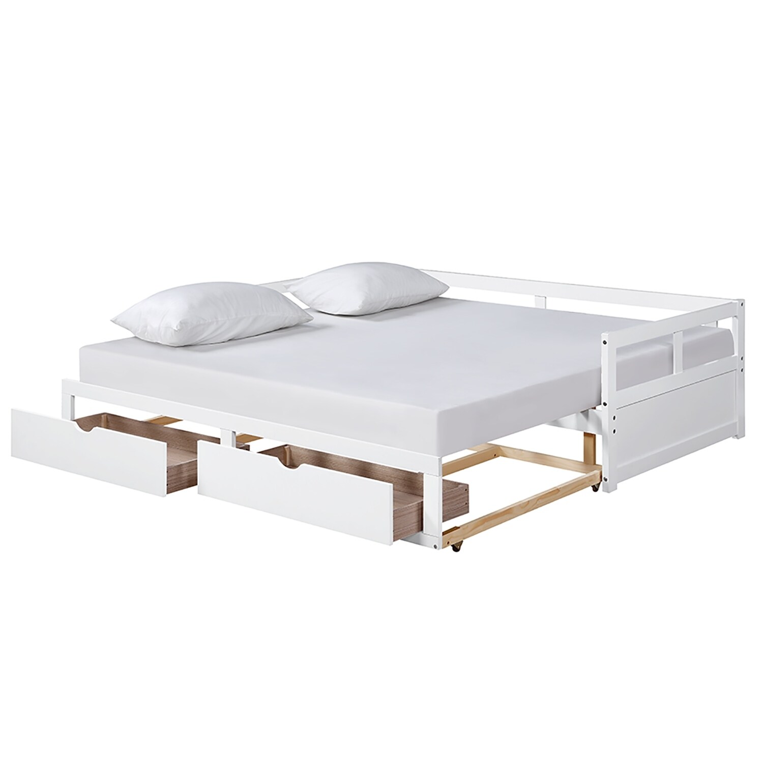 White Wooden Daybed with Trundle Bed and Two Storage Drawers , Extendable Bed ,Sofa Bed for Bedroom Living Room