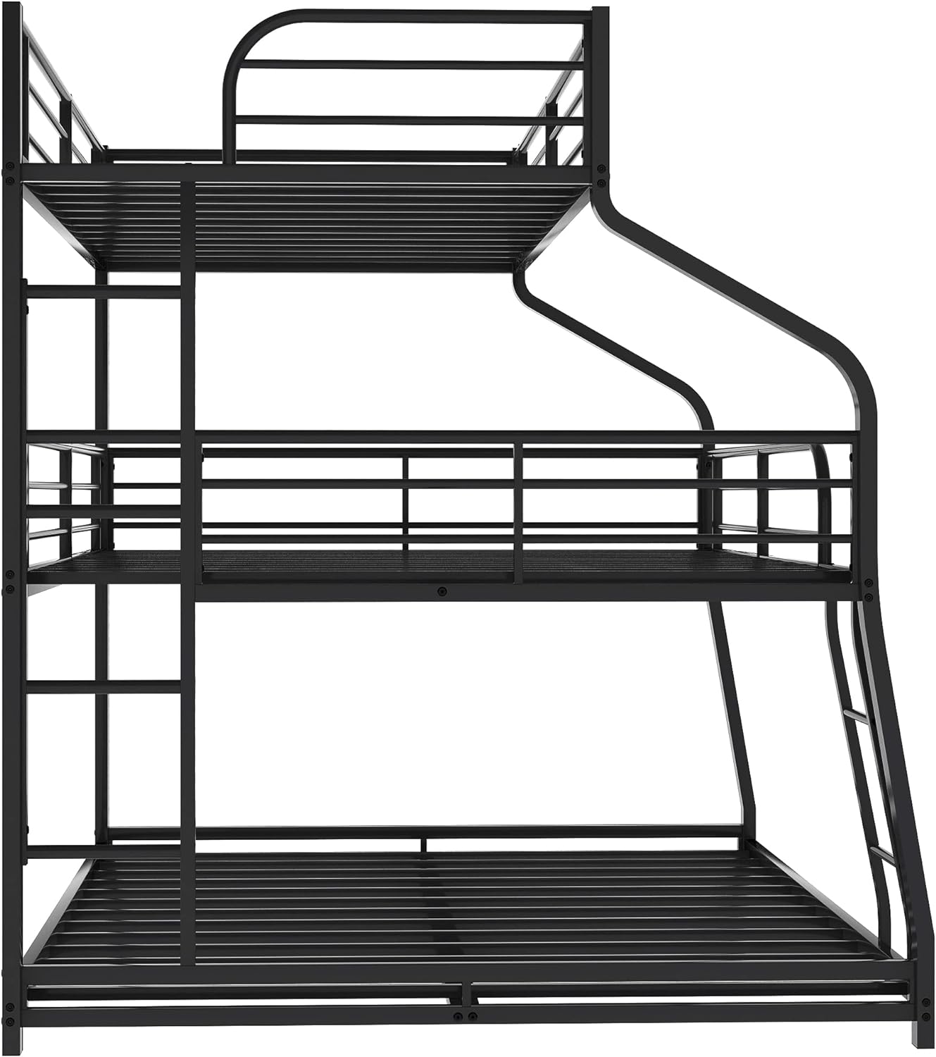 Triple Bunk Bed, Space-Saving 3-In-1 Metal Triple Bunk Beds With Two Built-In Ladders And Full-Length Guardrails, Black