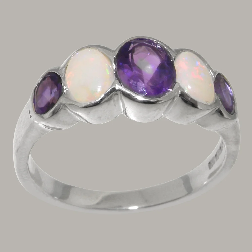 LBG British Made 18k White Gold Natural Amethyst & Opal Womens Band Ring - 33 size options - Size 10