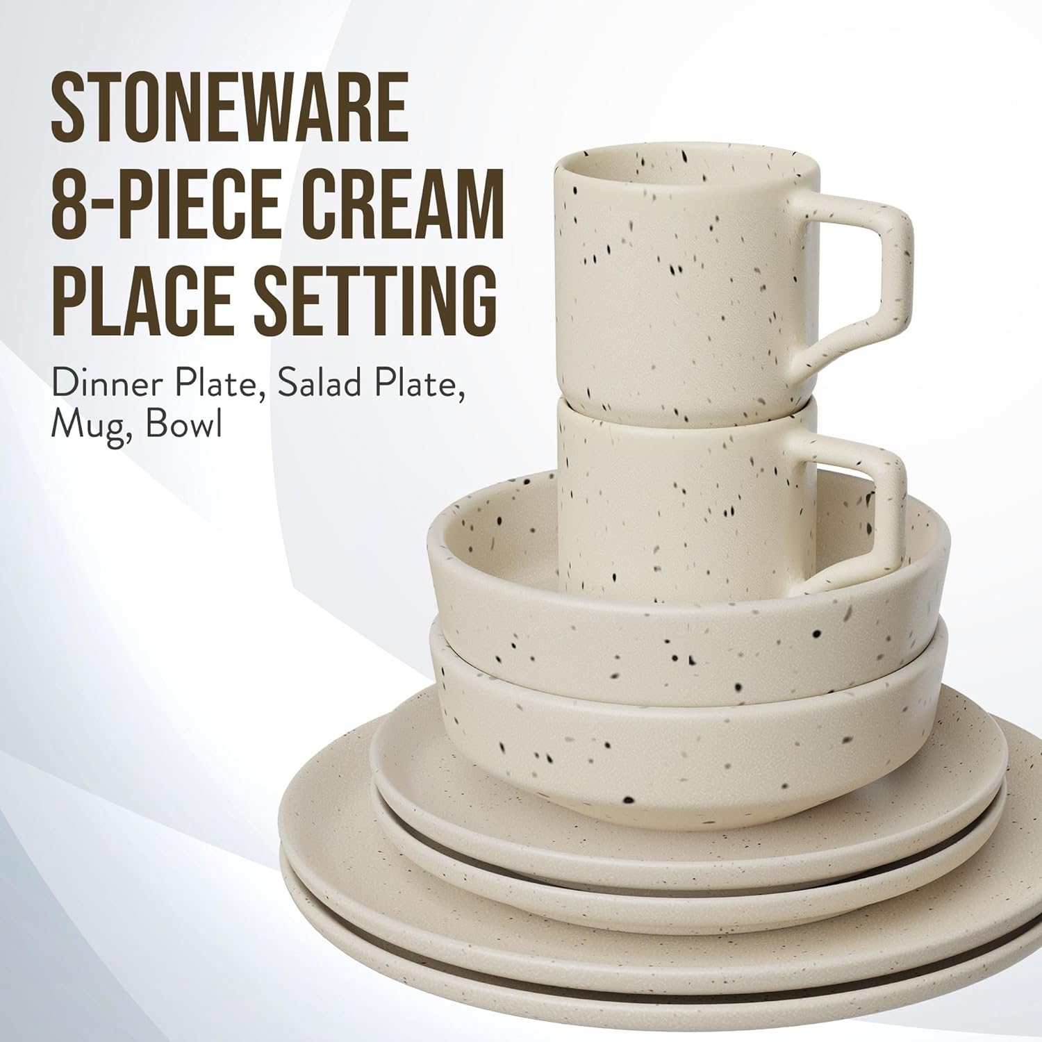 Reactive Stoneware Dinnerware Set | Coffee Mug, Bowl, Plate Set | Stoneware Dish Set | Microwave, Dishwasher Safe | Service For 2 | Speckled Cream 8-Piece Set (Cream)