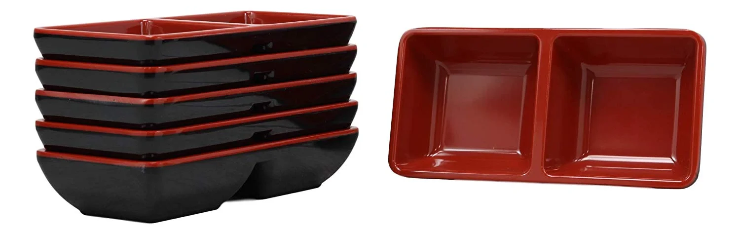 Ebros Red And Black Melamine Condiments Ketchup BBQ Soy Saucer Dish With Divider