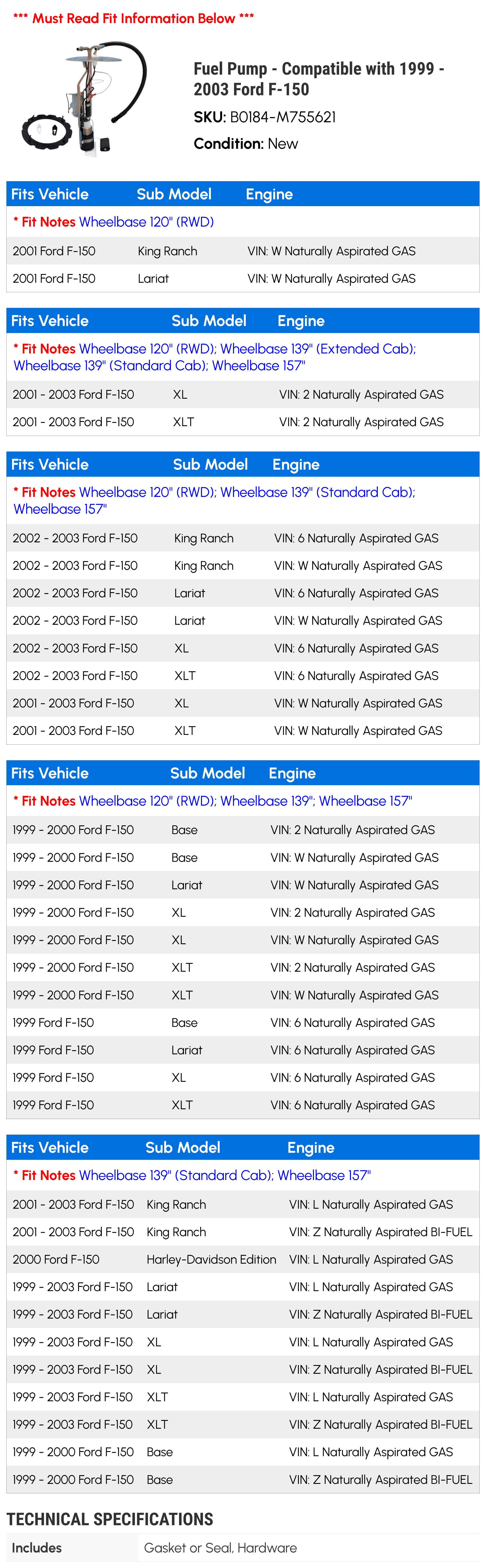 Fuel Pump - Compatible with 1999 - 2003 Ford F-150 2000 2001 2002