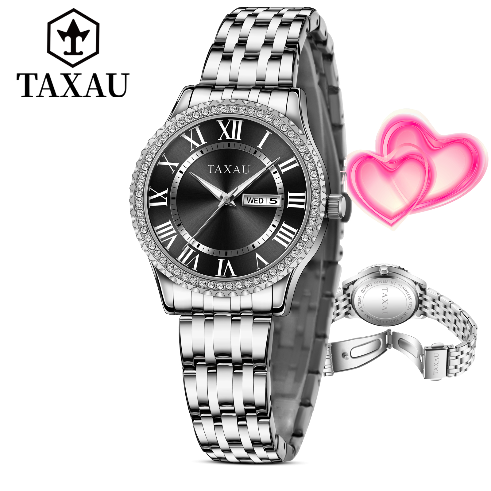 TAXAU Sliver Womens Watches Small Black Face Watches For Women Classic Analog Quartz Ladies Watches For Small Wrist Diamond Watches Women Stainless Steel Band Watches Waterproof Womens Wrist Watches