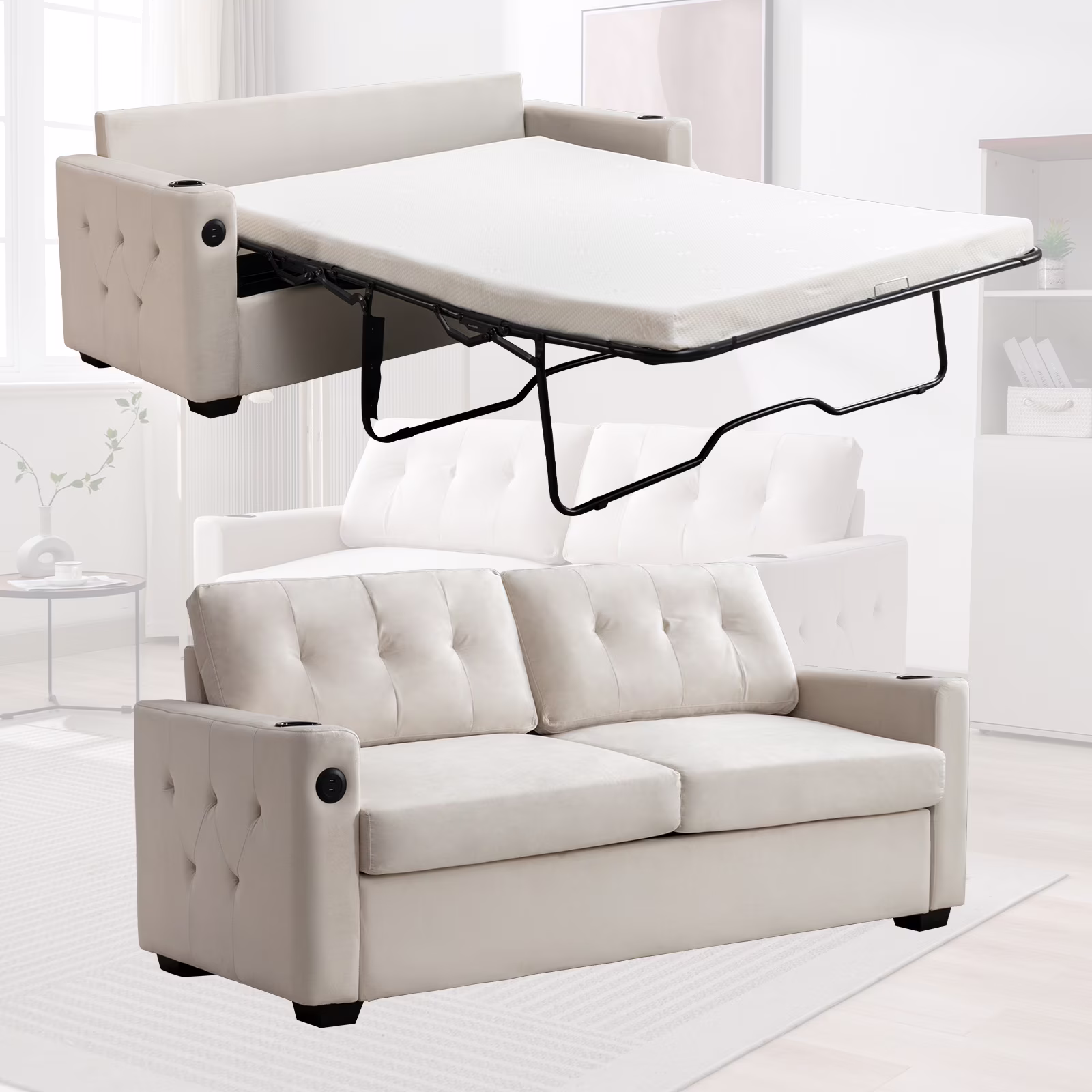 MUZZ 2-in-1 Convertible Sleeper Sofa Bed,Pull Out Sofa Bed,Full Size Daybed with Memory Foam Mattress, USB Ports & Cup Holder-Perfect for Living Room(Beige)