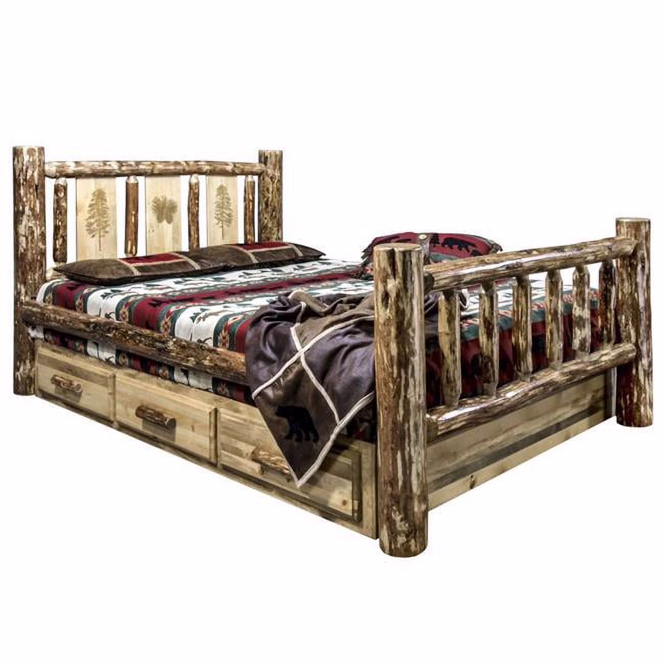 Glacier Country Storage Bed with Laser Engraved Pine Design - Queenl Size
