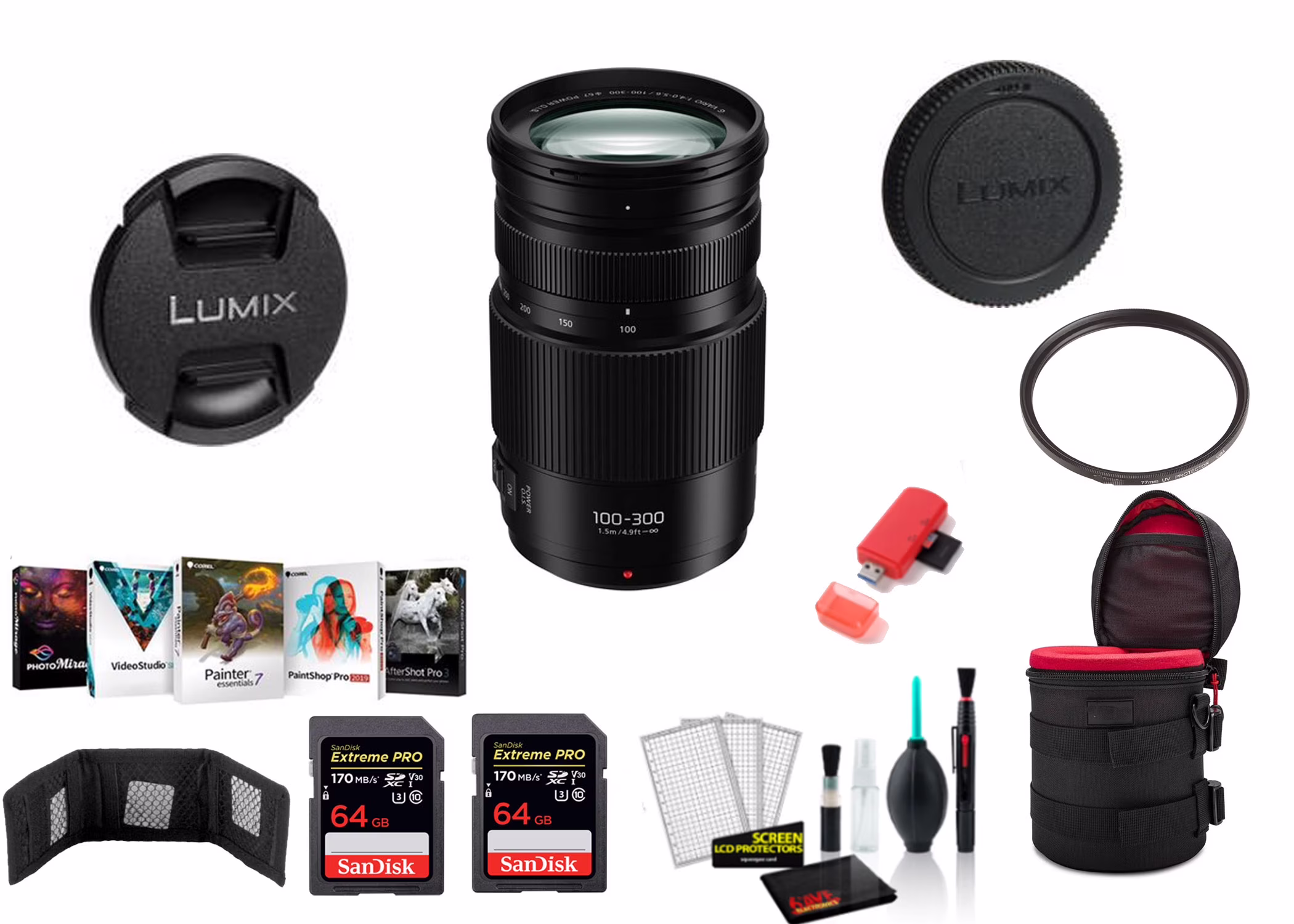 Panasonic Lumix G Vario 100-300mm f/4-5.6 II POWER O.I.S. Telephoto Zoom Lens - Bundle with 2x 64GB Memory Card, Editing Software and More