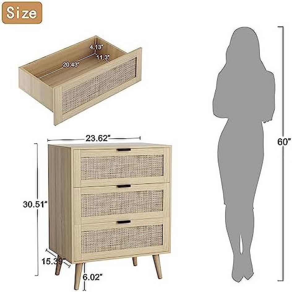 TJUNBOLIFE 3 Drawer Dresser Chests for Bedroom  3 Drawer Nightstand   Rattan Small Dresser Cabinet of 3 Drawers with Solid Wood Legs & Metal Handles