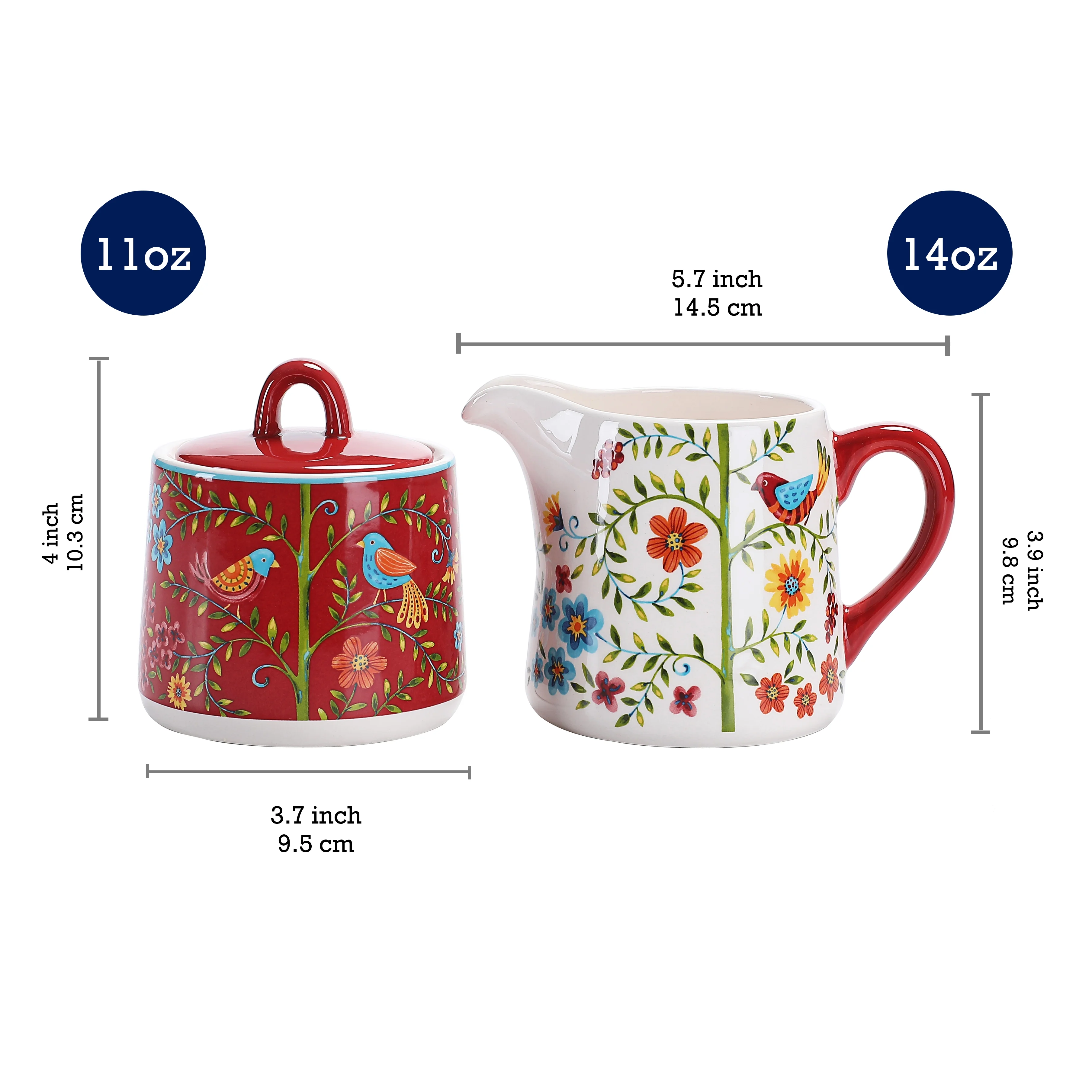 Bico Red Spring Bird Ceramic Sugar and Cream Set, Dishwasher Safe