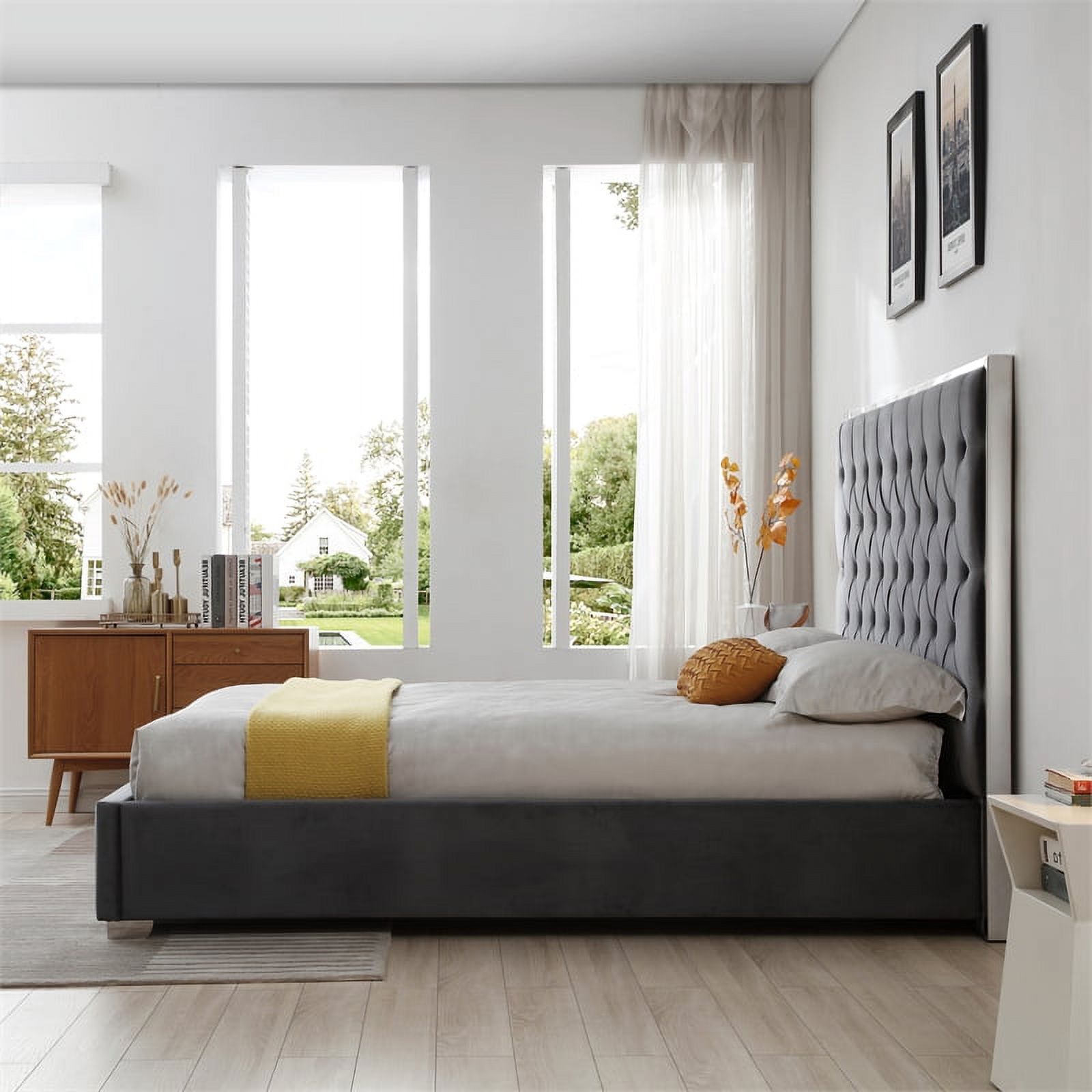 Better Home Products Sophia Velvet King Bed with Silver Metal Frame in Gray