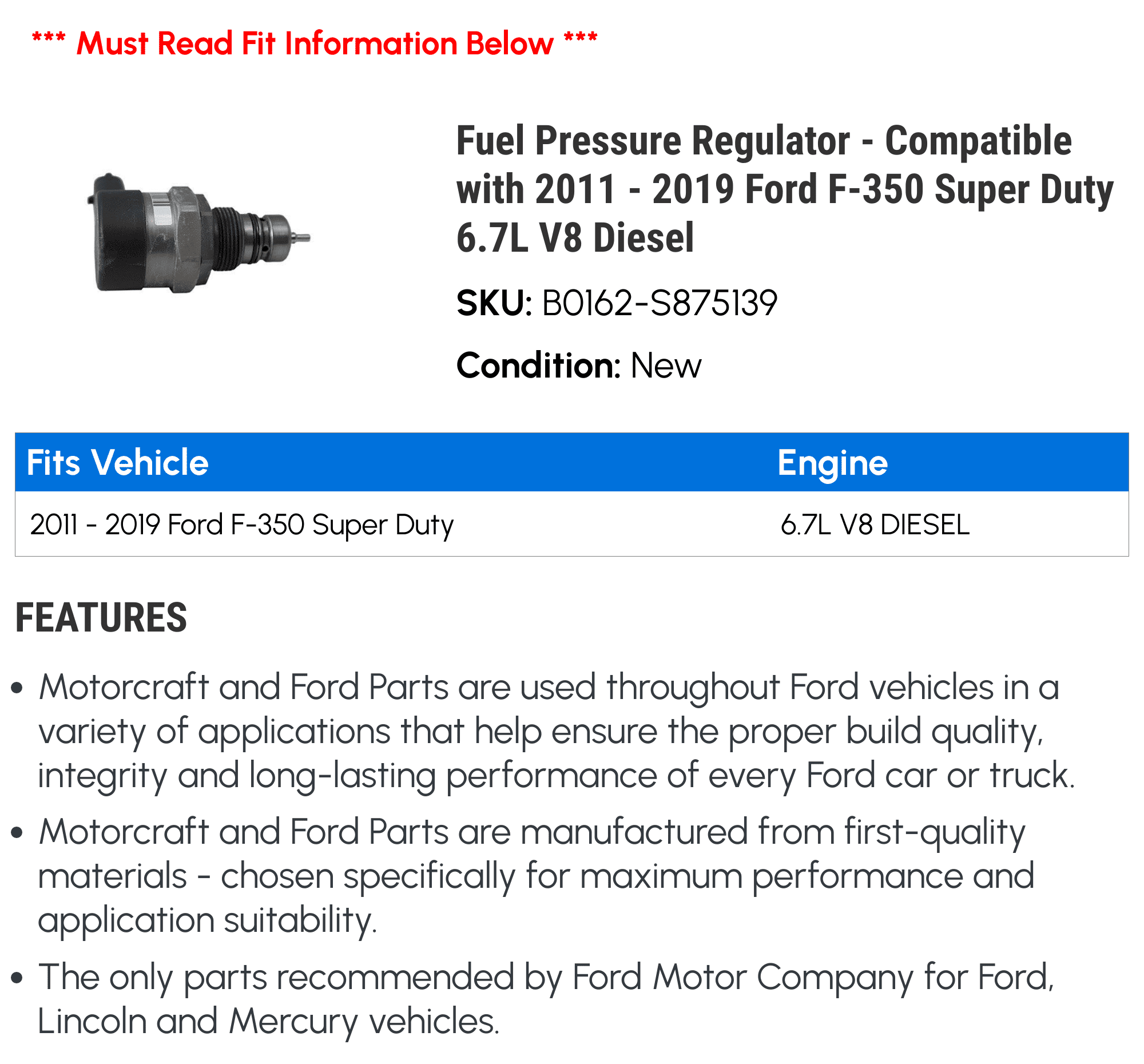Fuel Pressure Regulator - Compatible with 2011 - 2019 Ford F-350 Super Duty 6.7L V8 Diesel 2012 2013 2014 2015 2016 2017 2018