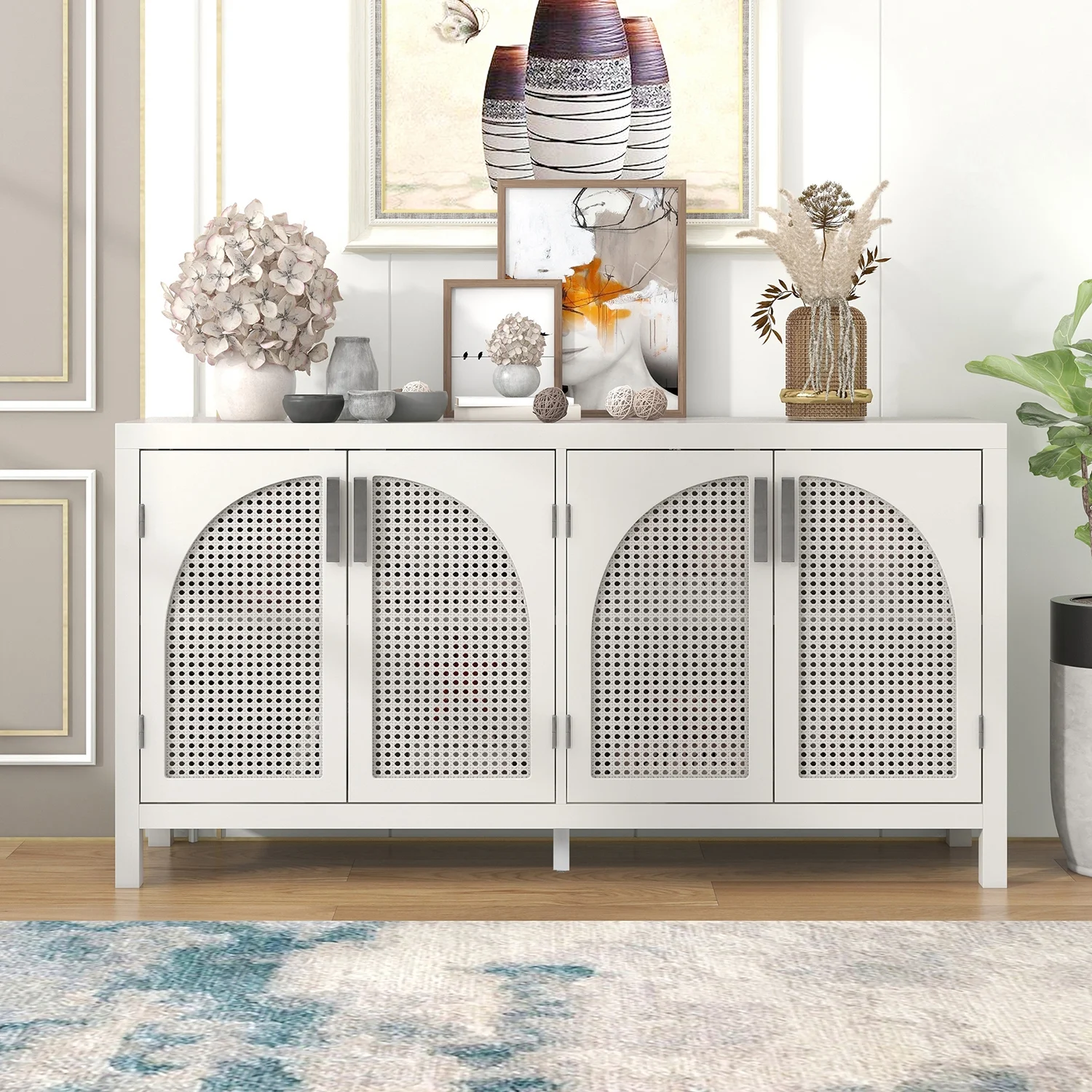 Churanty Rattan Door Sideboard Buffet Wood Kitchen Cabinet Large Storage Space for Living Room Entryway ,White