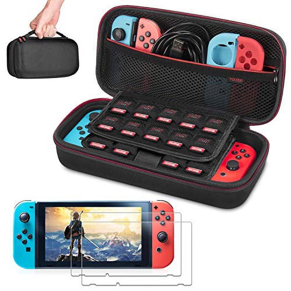 Switch Carrying Case with 2 Pack Screen Protector, Younik Switch Travel Case Protective Hard Shell Pouch Switch Case for Nintendo Switch Console & Accessories Holds 19 Game Cartridge, Black