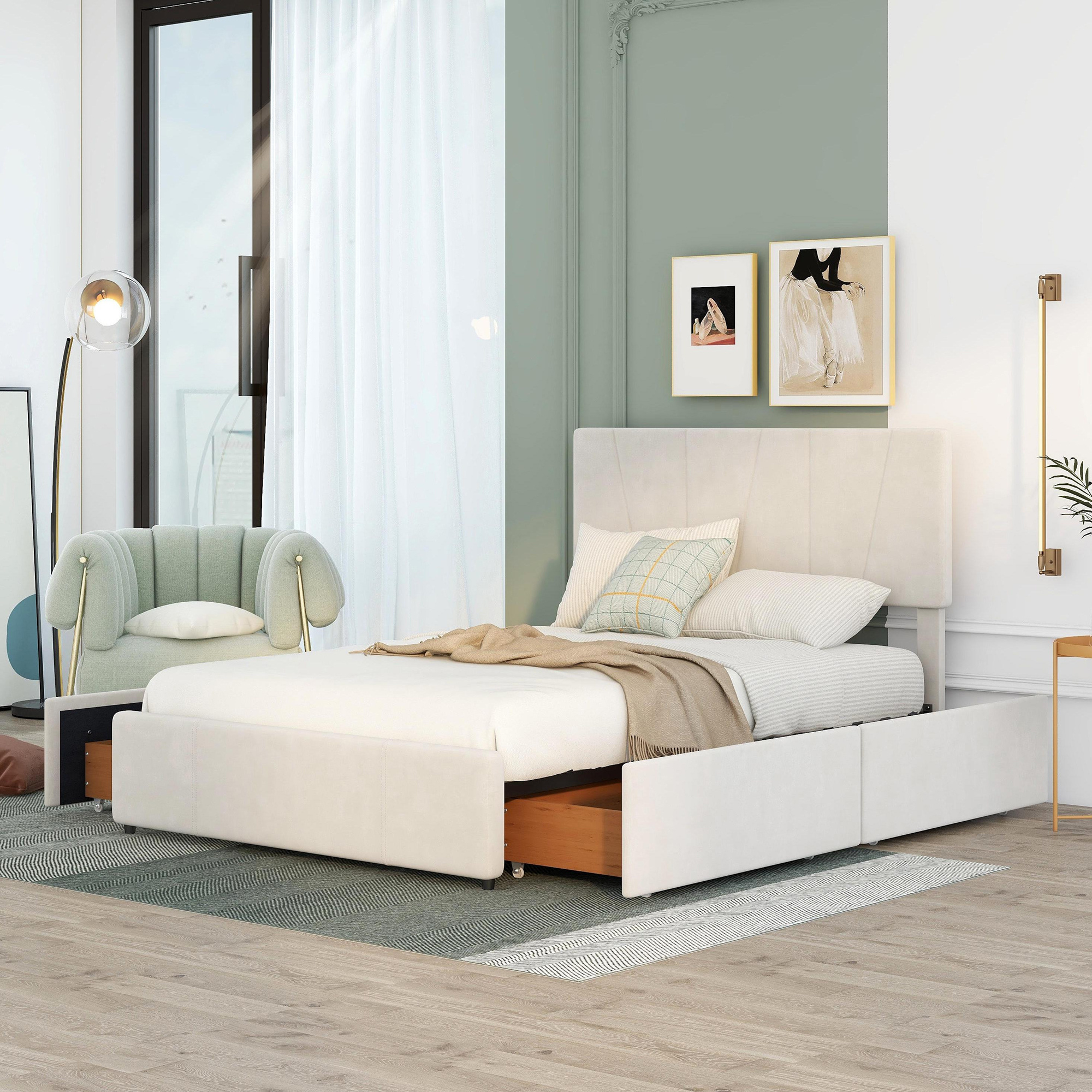 LANTRO JS Full Size Upholstery Platform Bed with Four Drawers on Two Sides, Adjustable Headboard, Beige