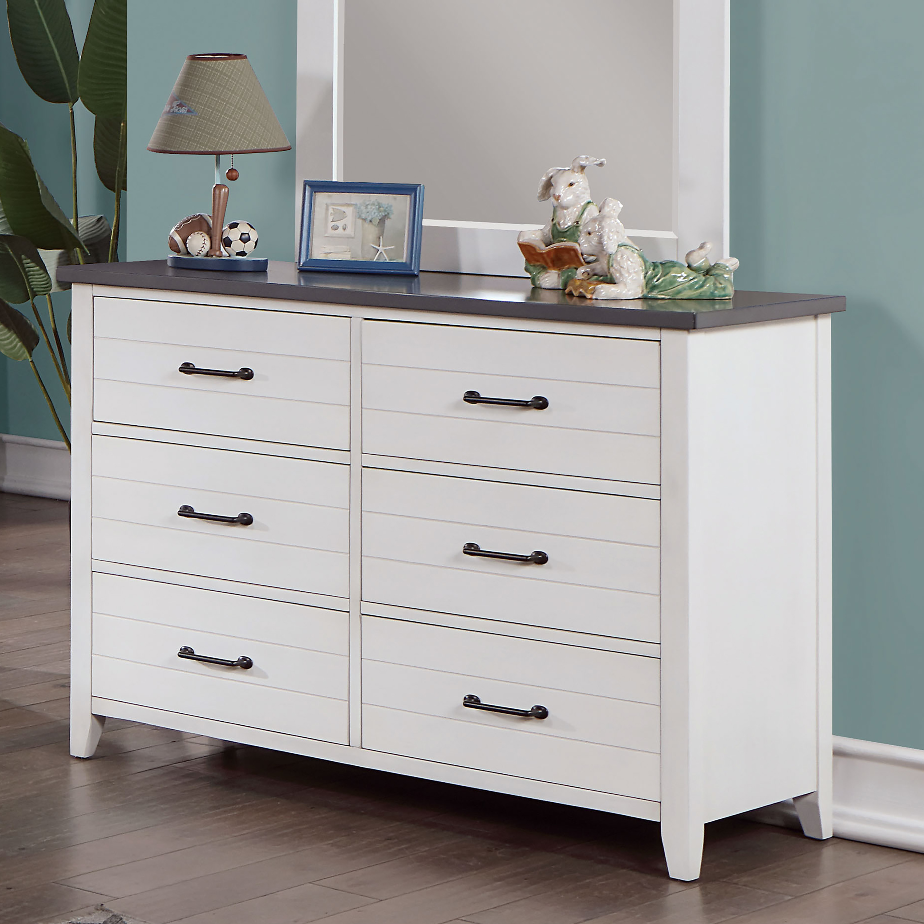 Furniture of America Pete Wood 6-Drawer Kids Dresser, White and Gray