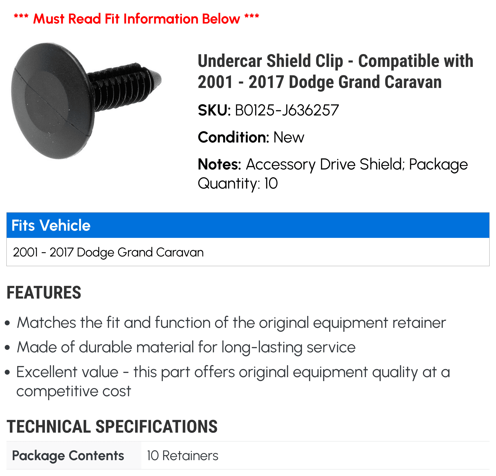 Undercar Shield Clip - Compatible with 2001 - 2017 Dodge Grand Caravan 2002 2003 2004 2005 2006 2007 2008 2009 2010 2011 2012 2013 2014 2015 2016