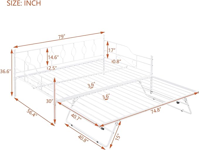 Full Daybed with Trundle, Metal Day Bed with Twin Size Adjustable Pop Up Trundle for Bedroom Living Room, Portable Folding Trundle Bed, Heavy Duty Steel Slat Support, White