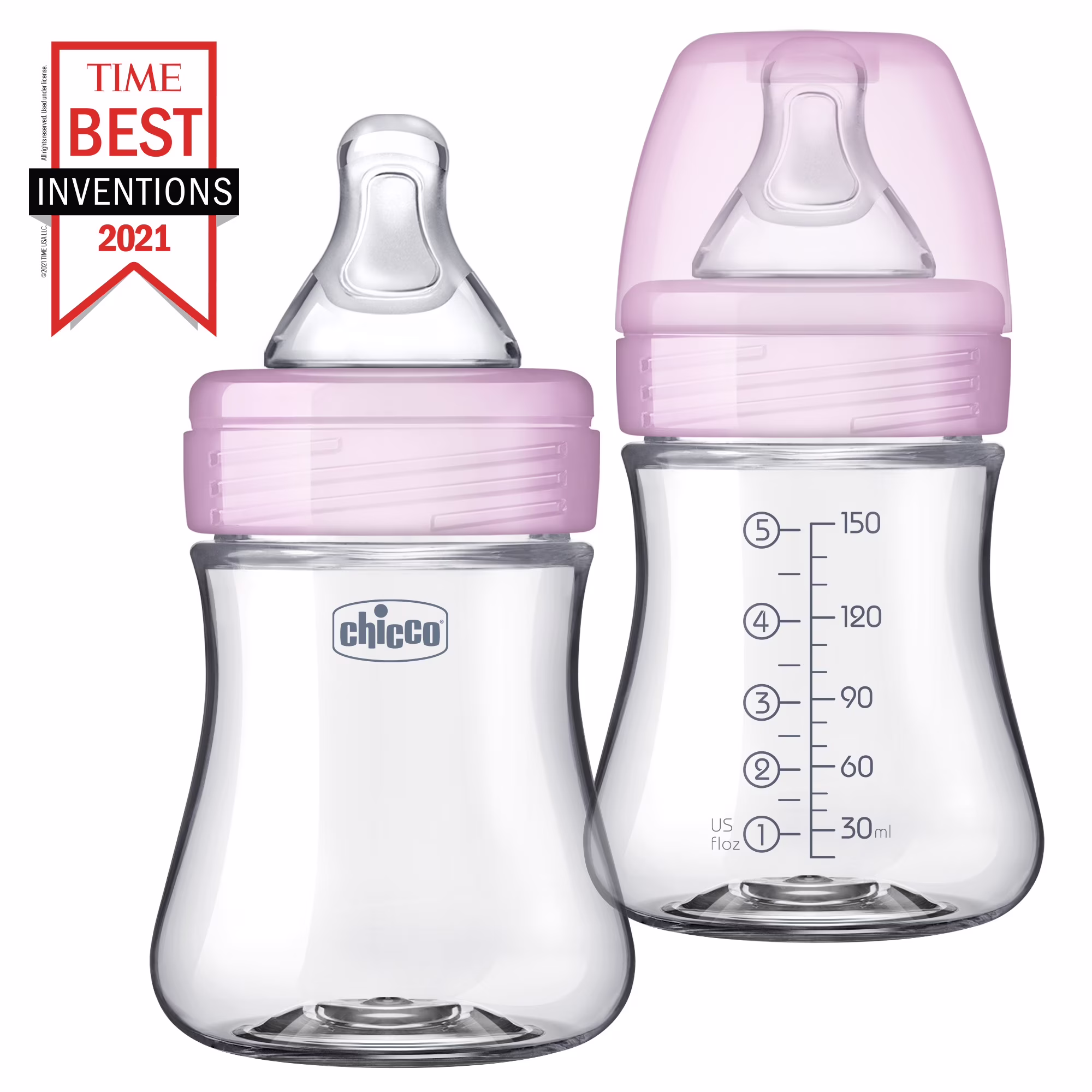Chicco Duo Hybrid Baby Bottle, Invinci-Glass Inside/Plastic Outside, 5oz, 2-Pack - Pink