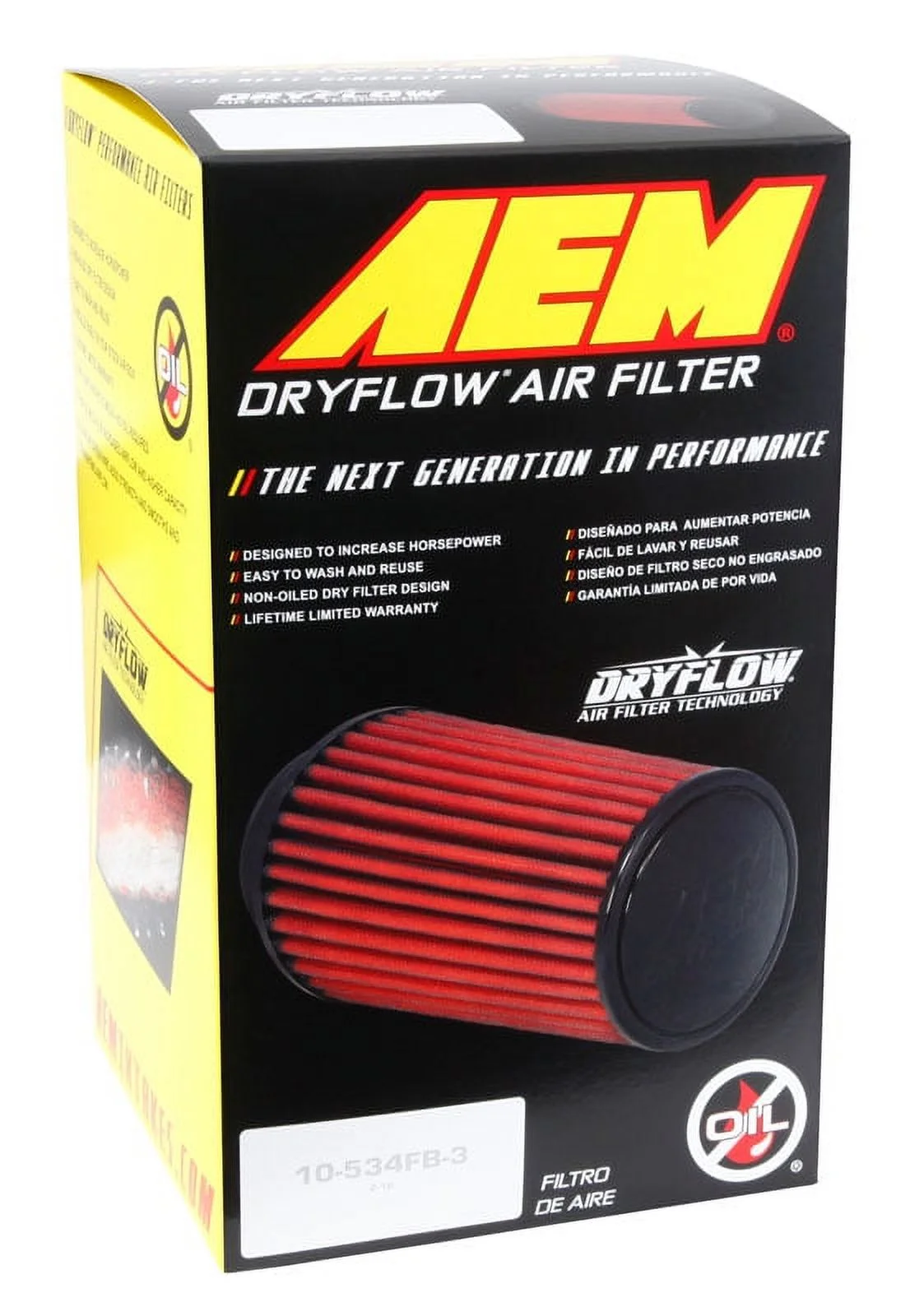 AEM 21-2109DK Universal DryFlow Clamp-On Air Filter: Round Tapered; 3.25 in (83 mm) Flange ID; 8.875 in (225 mm) Height; 6 in (152 mm) Base; 5.125 in (130 mm) Top