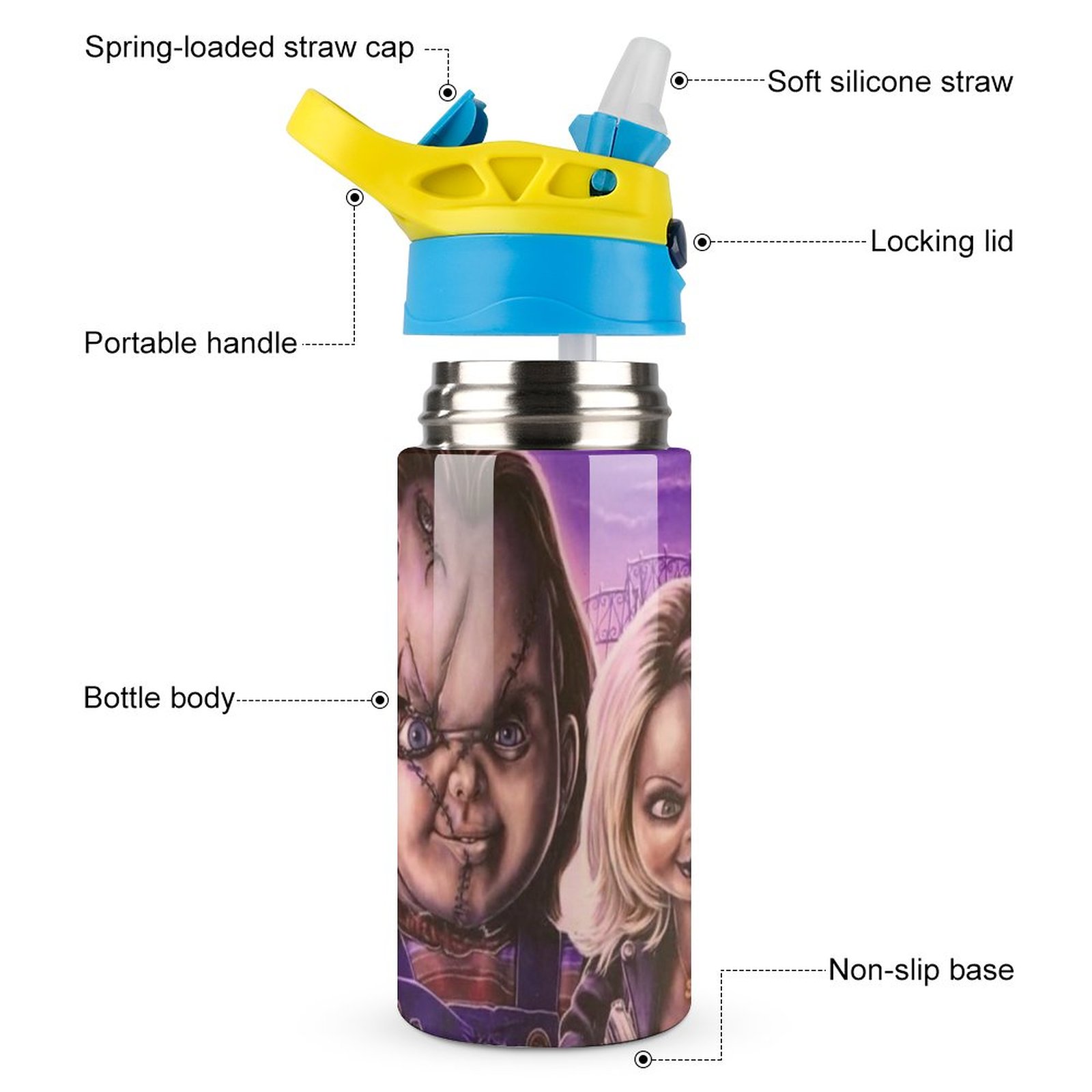 Bride Of Chucky Film Kid's Insulated Water Bottle With Straw Vacuum Stainless Steel Cup Leak-Proof Children Toddler Thermoses