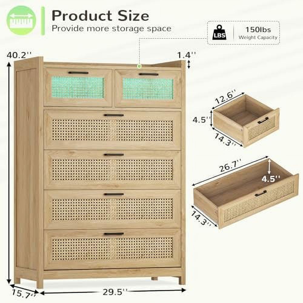 NLIBOOMLife 7 Drawer Dresser for Bedroom  Rattan Chest of Drawers with LED Lights  Wood  Dresser Chest with Metal Handle  Modern Dresser for Closet Bedroom Living Room Hallway
