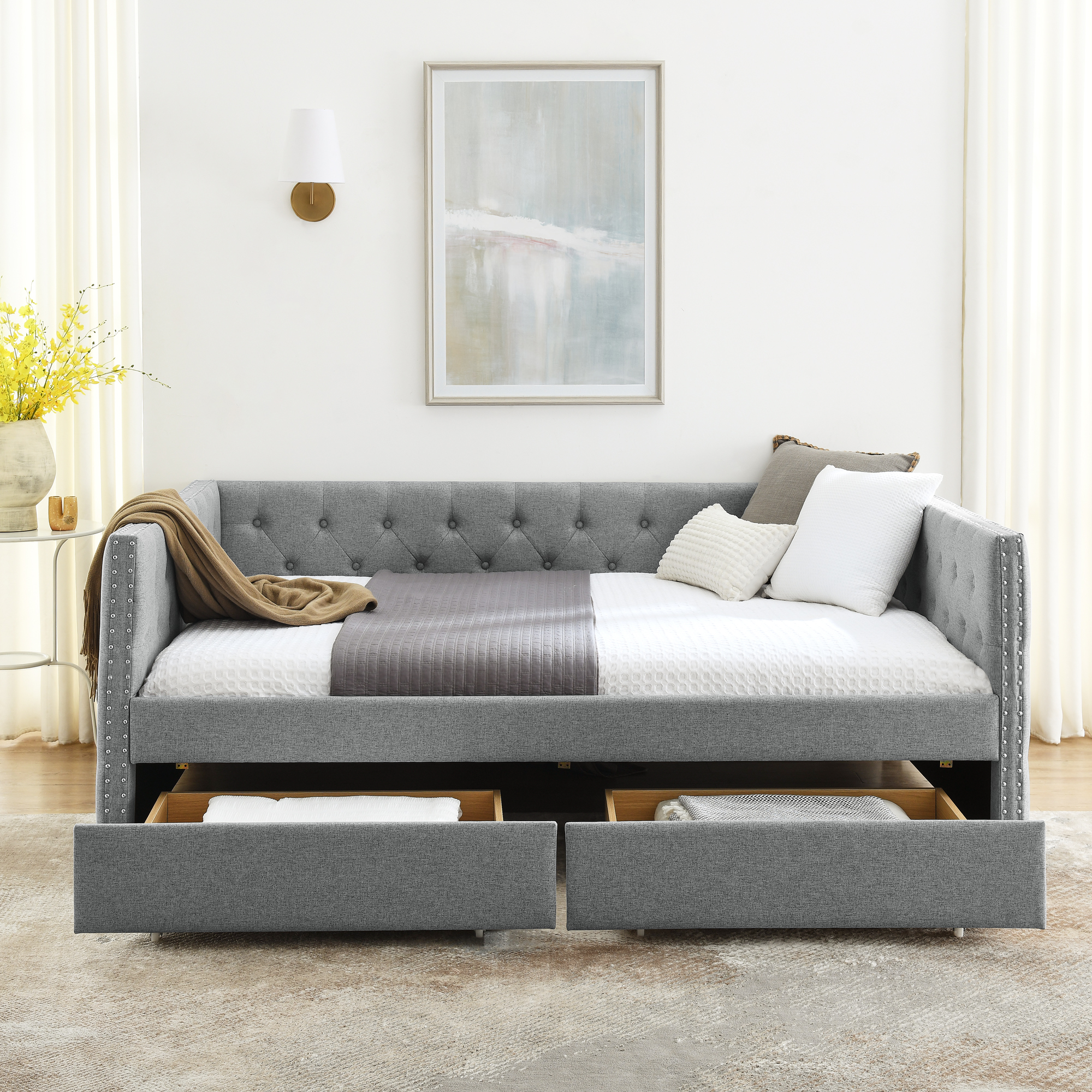 Muumblus Twin Size Daybed with Drawer, Upholstered Daybed with Button and Copper Nail, Gray