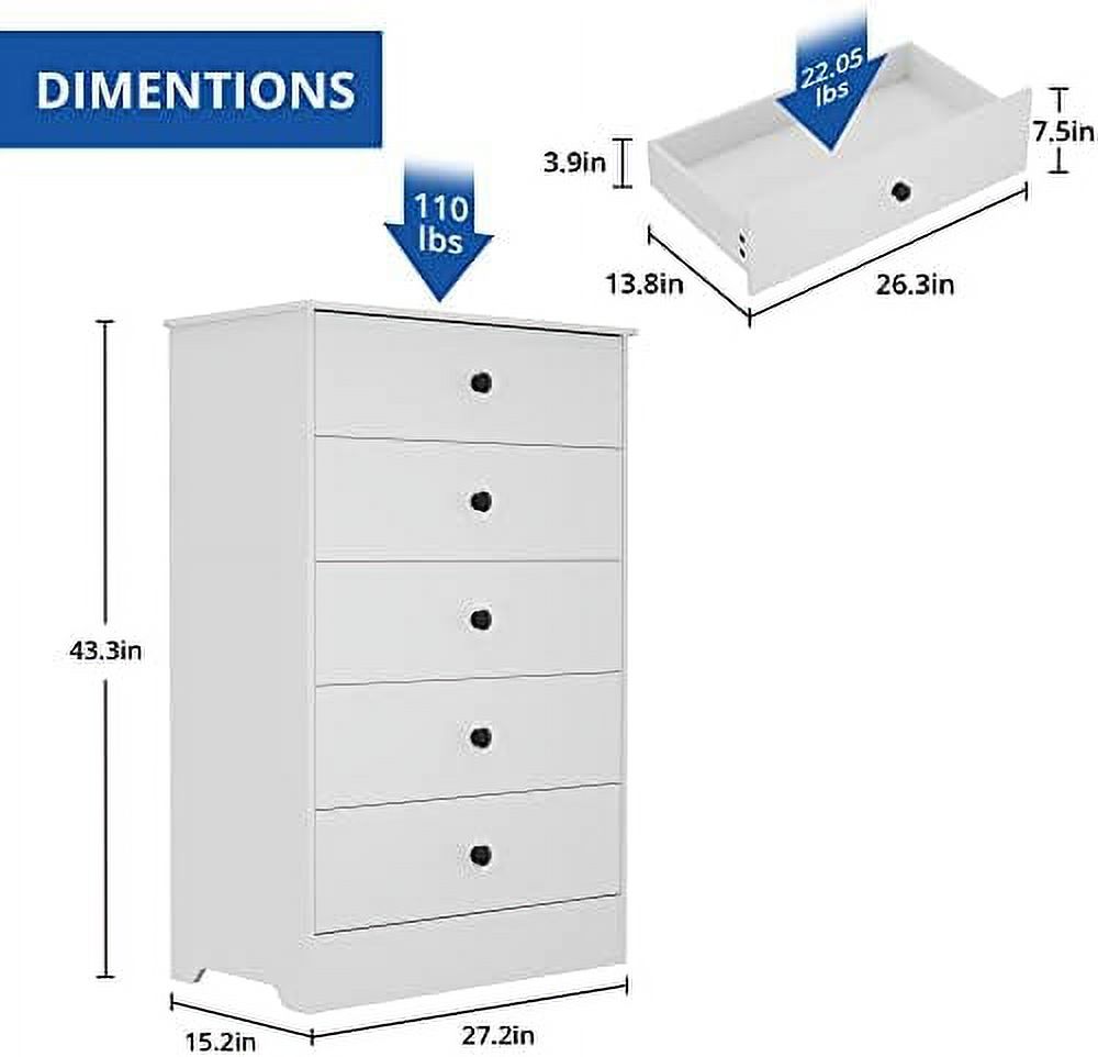 xrboomlife Modern 5 Drawer Dresser   Organizer Chest  Chest Dressers Organizer with Large   Chest of Drawer for Bedroom  43.3" Tall Chest of Drawers with   White